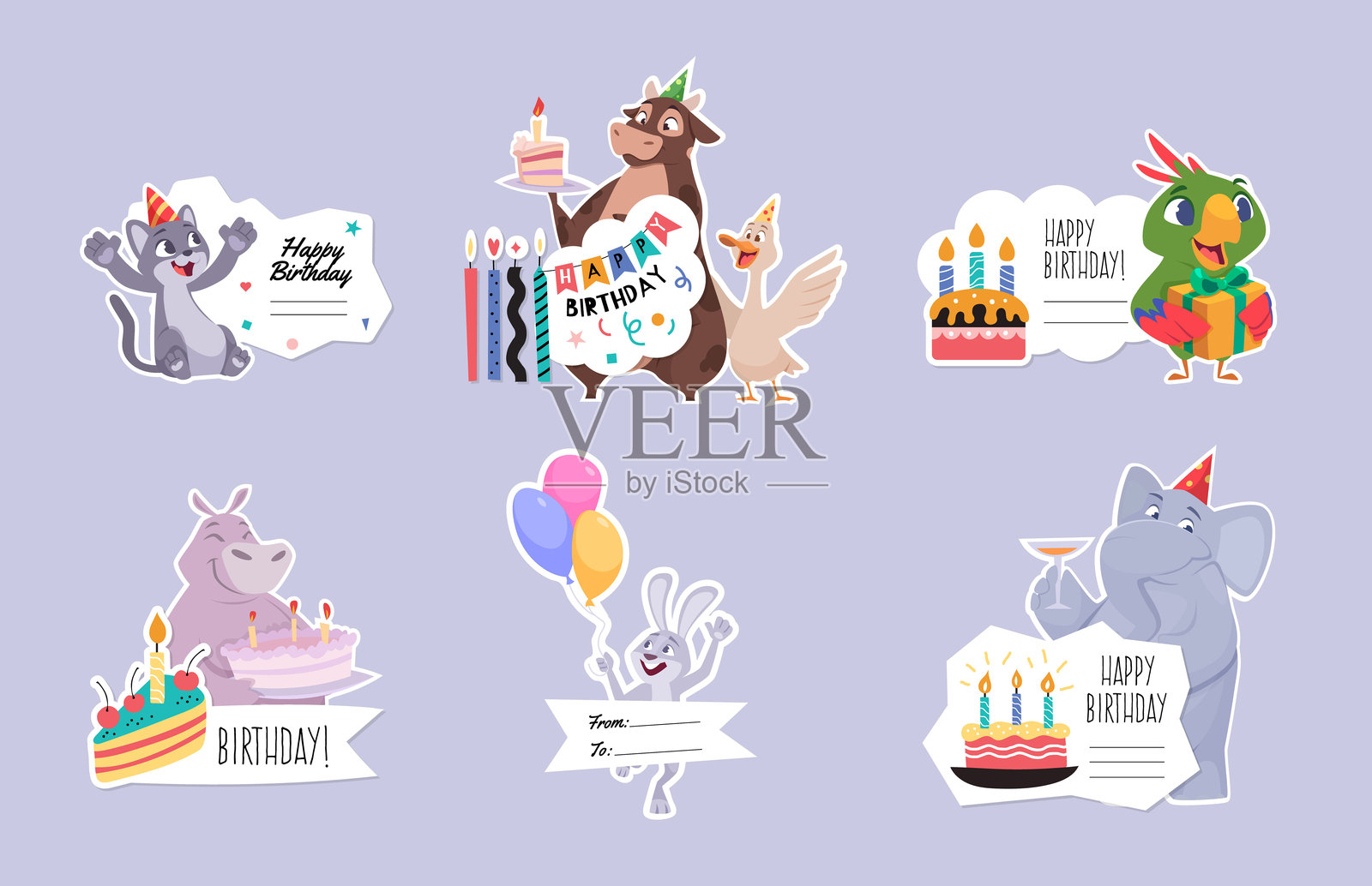 生日贴纸。派对邀请贴纸，上面有可爱的卡通动物手持礼物盒和蛋糕。插画图片素材