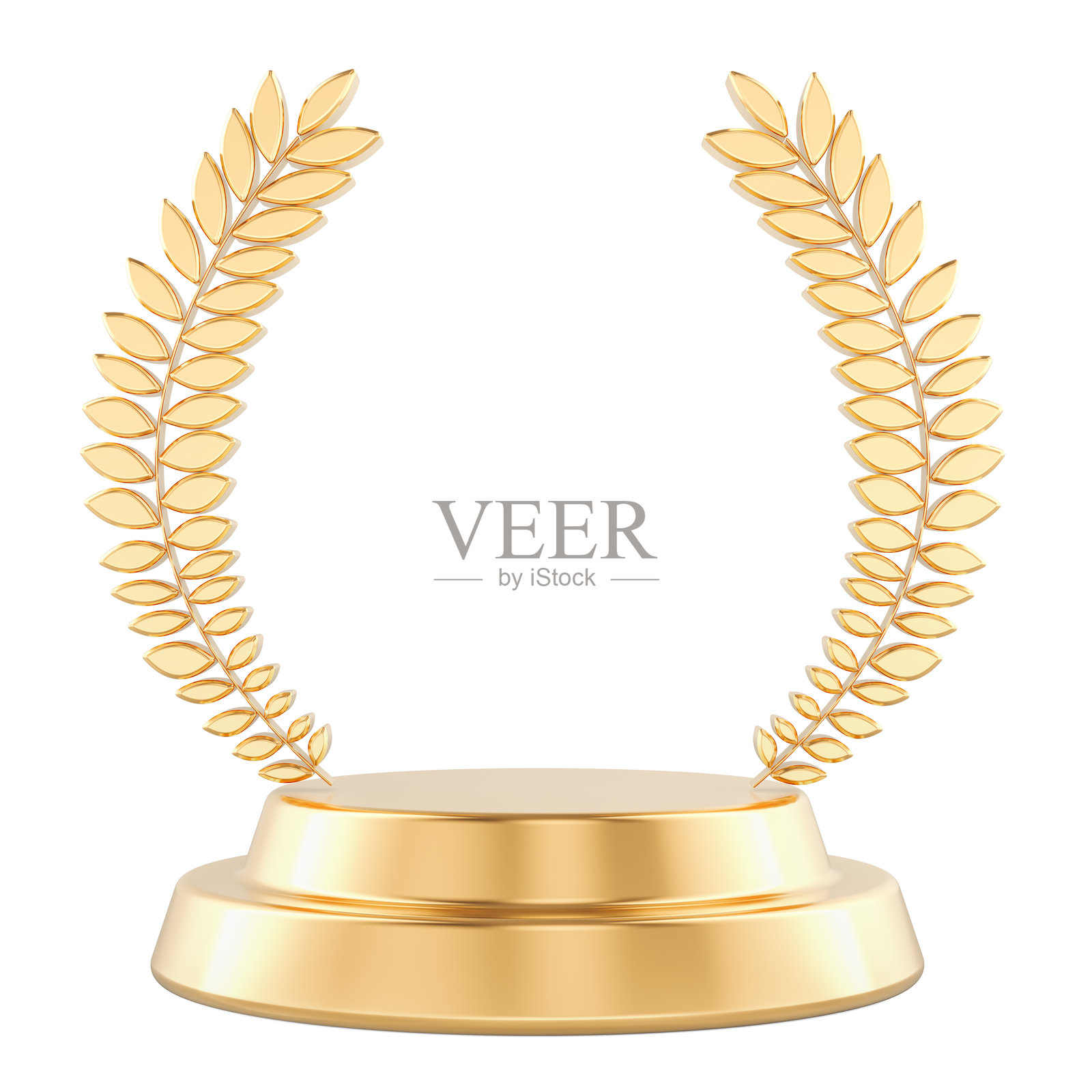 空白金色奖杯底座，周围装饰着月桂叶。3D渲染照片摄影图片