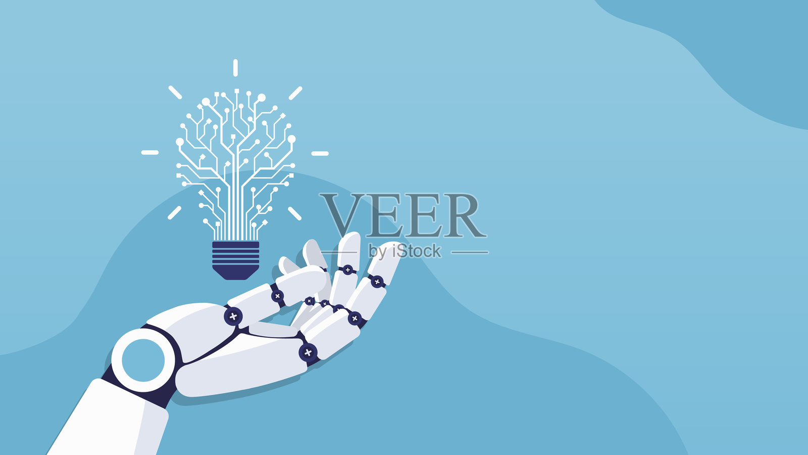 机械手握着电路灯泡。平面卡通风格的人工智能手概念。人工智能和机器学习。大数据和深度学习技术概念。矢量插图。插画图片素材