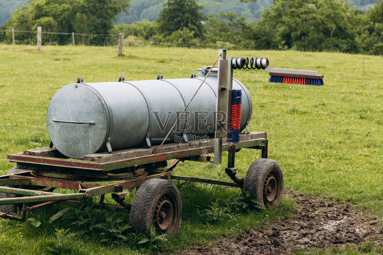 农场上的牛抓器，配有金属水箱和刷子，旨在为牲畜提供舒适和美容，置于自然户外环境中照片摄影图片