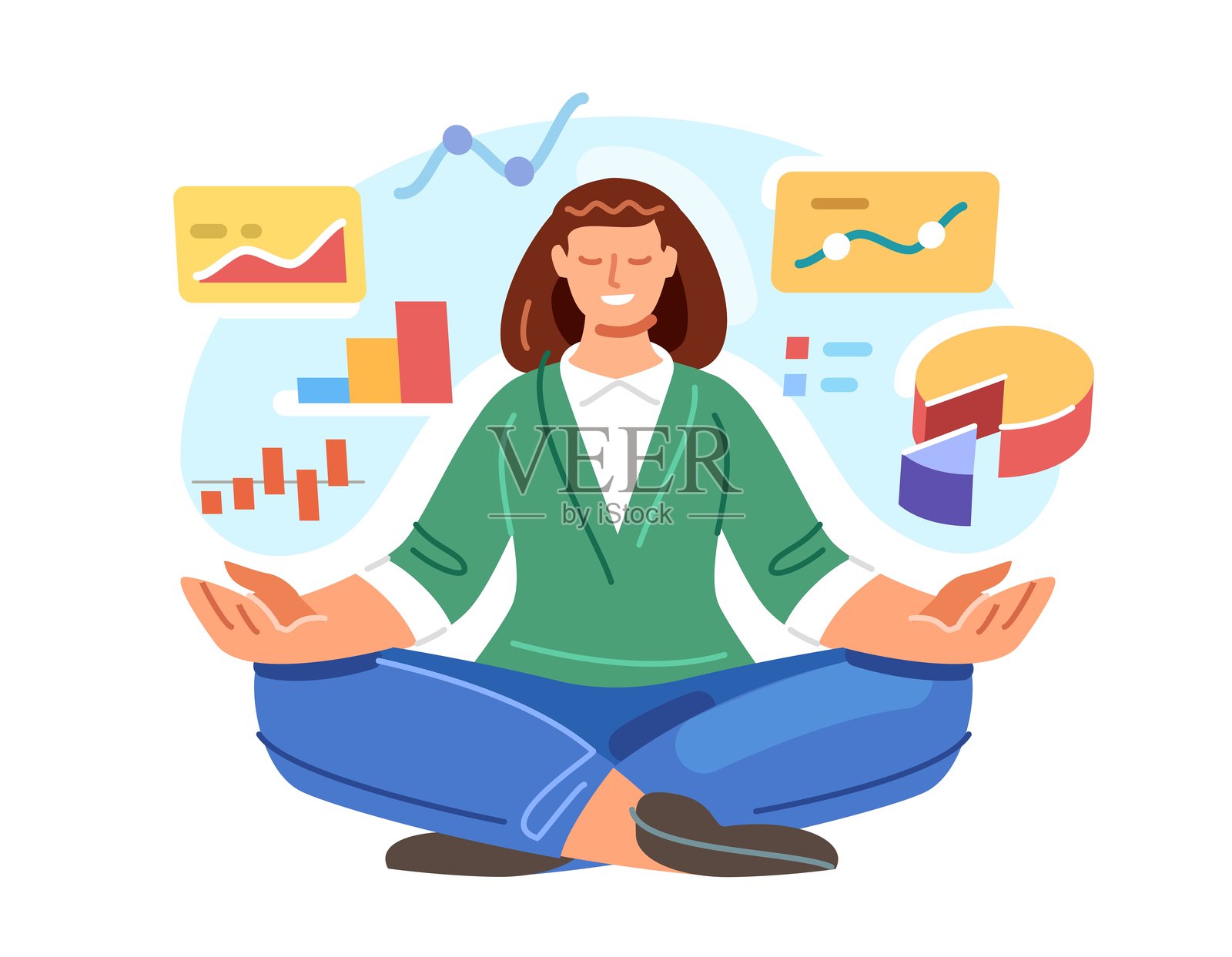 商界女性在冥想。金融投资，分析。商业管理。带有图表和报告的统计数据。插画图片素材