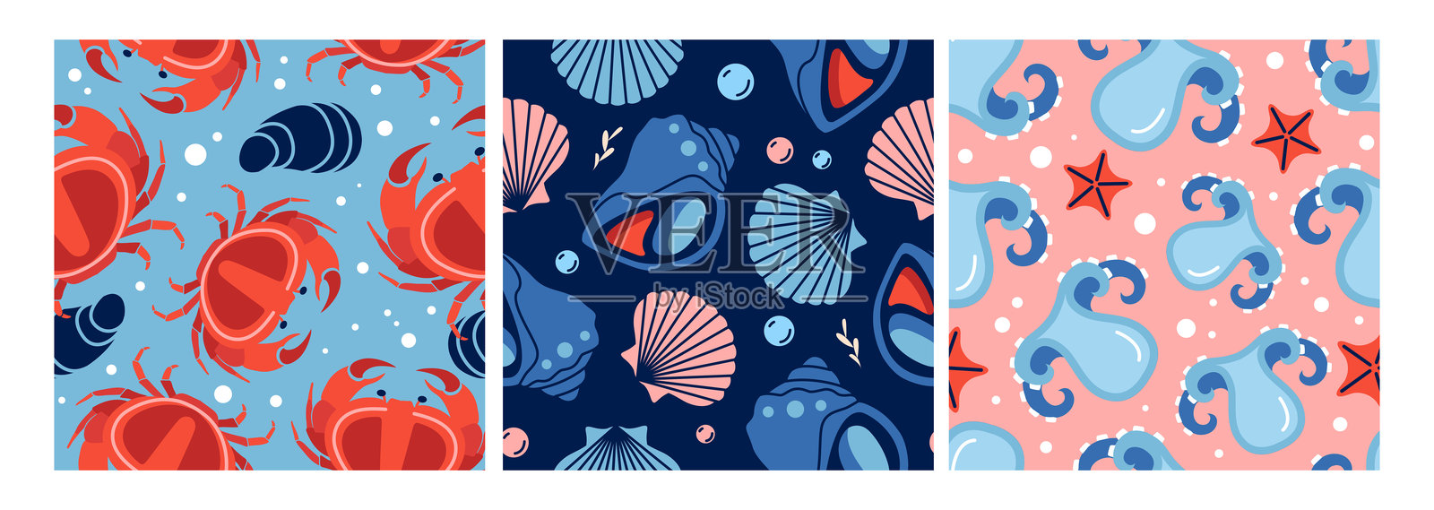 海鲜无缝图案集，包含贝壳、牡蛎、贻贝、软体动物、螃蟹、章鱼和扇贝。海鲜背景。矢量插图。插画图片素材