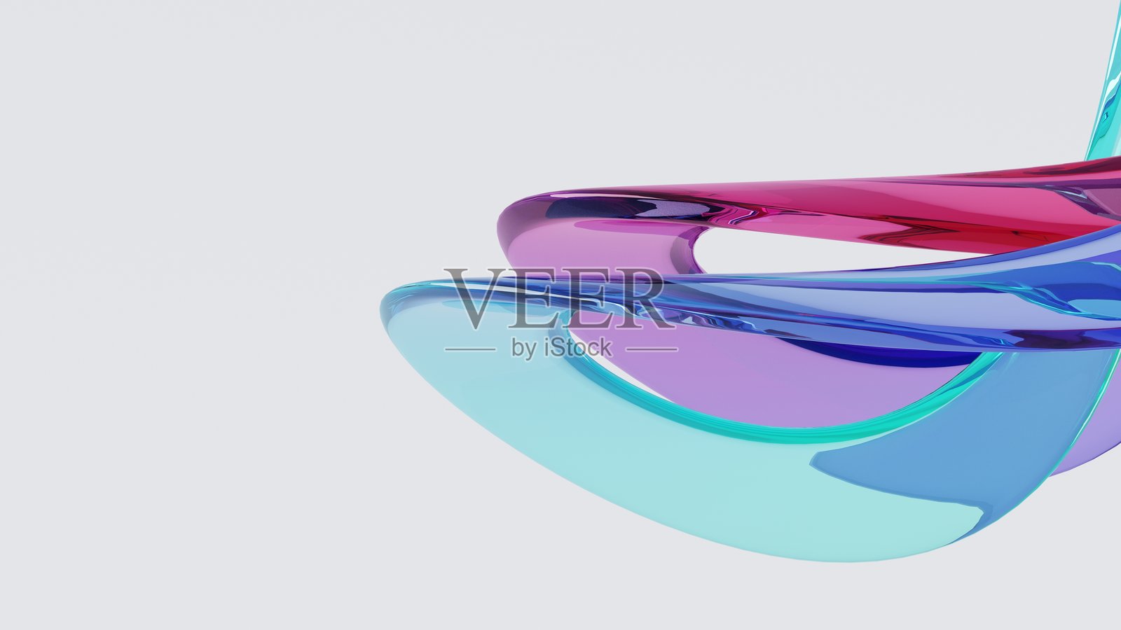 抽象的3D渲染展示了流动的透明形状，色彩鲜艳的蓝色、粉色和紫色。照片摄影图片