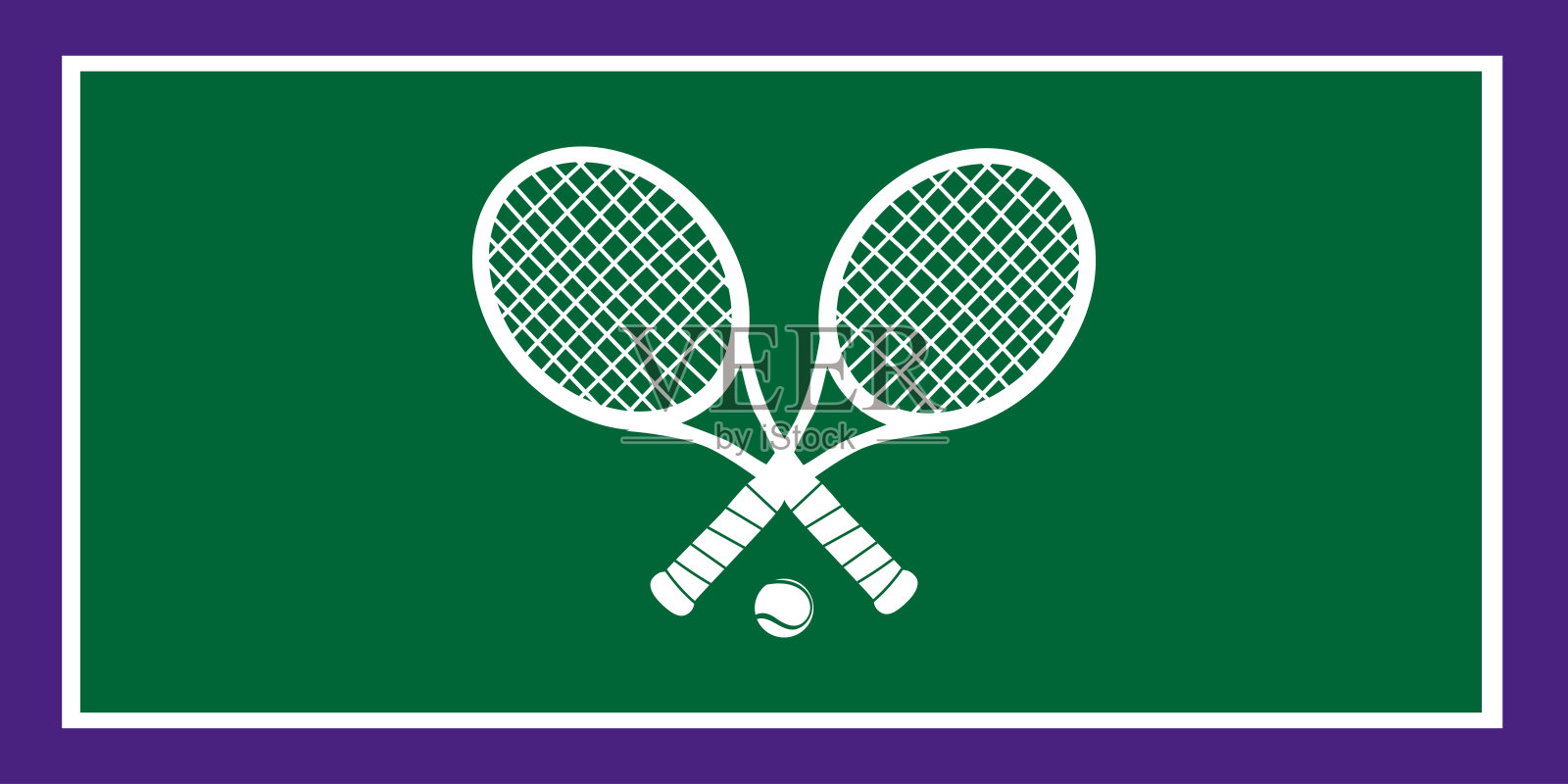 现代网球海报设计，背景为绿色球场，上面有两把白色球拍和一个网球。插画图片素材