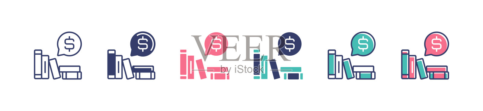 书籍堆叠教育费用奖学金图标集，带直觉、金钱、聊天气泡符号的书架，适用于网页和应用的矢量插图插画图片素材