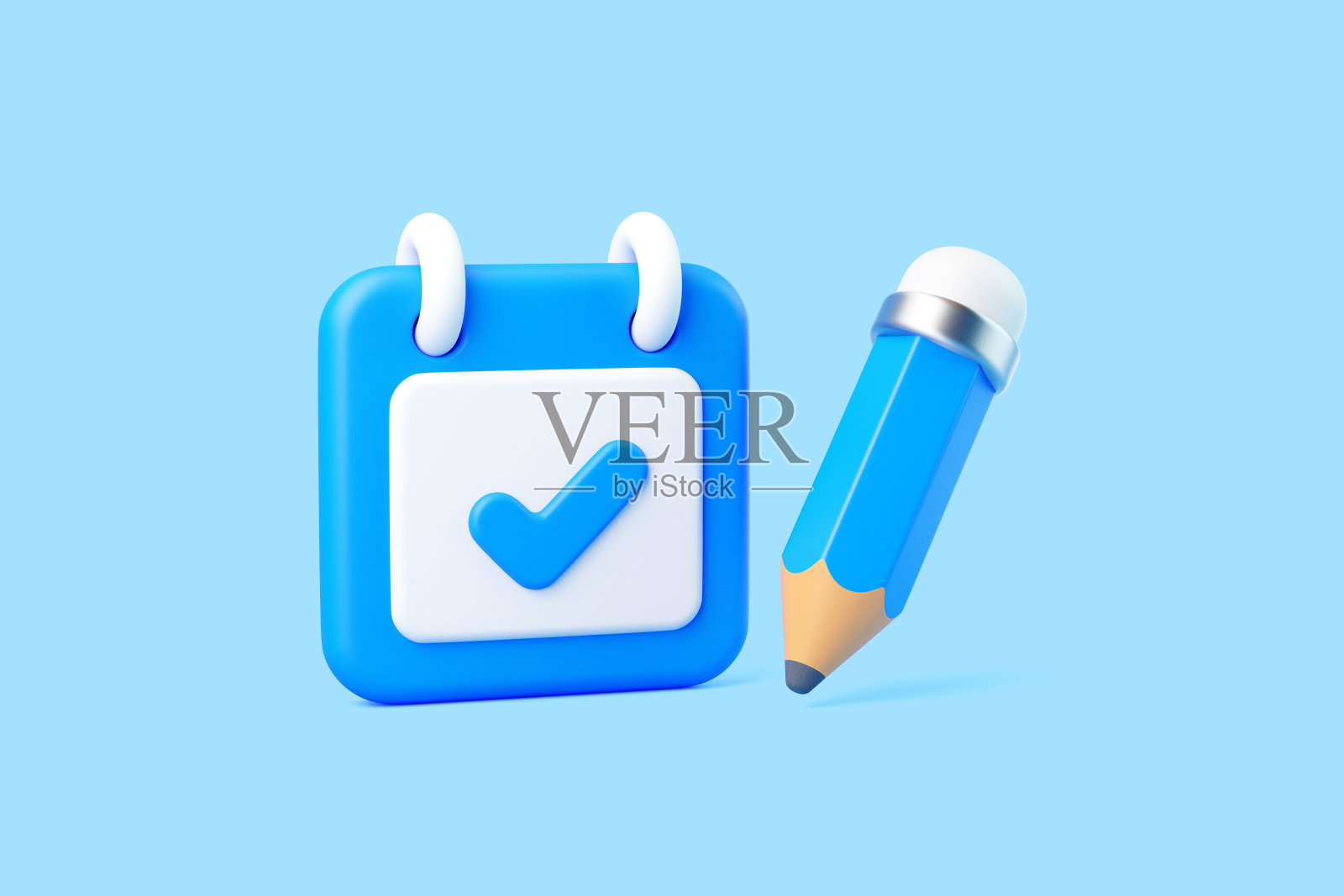 浅蓝色背景上的蓝色日历、勾号和铅笔照片摄影图片