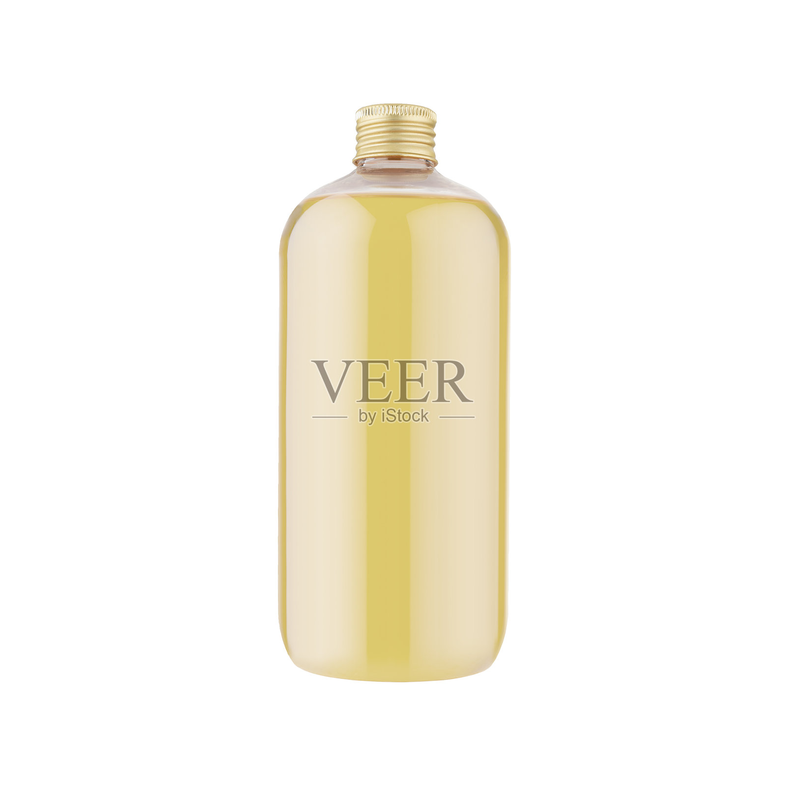 透明塑料瓶装有丰富的金色油，配有光滑的金色螺旋盖，孤立在白色背景上。其现代设计适合高端化妆品、护肤品或健康产品。照片摄影图片