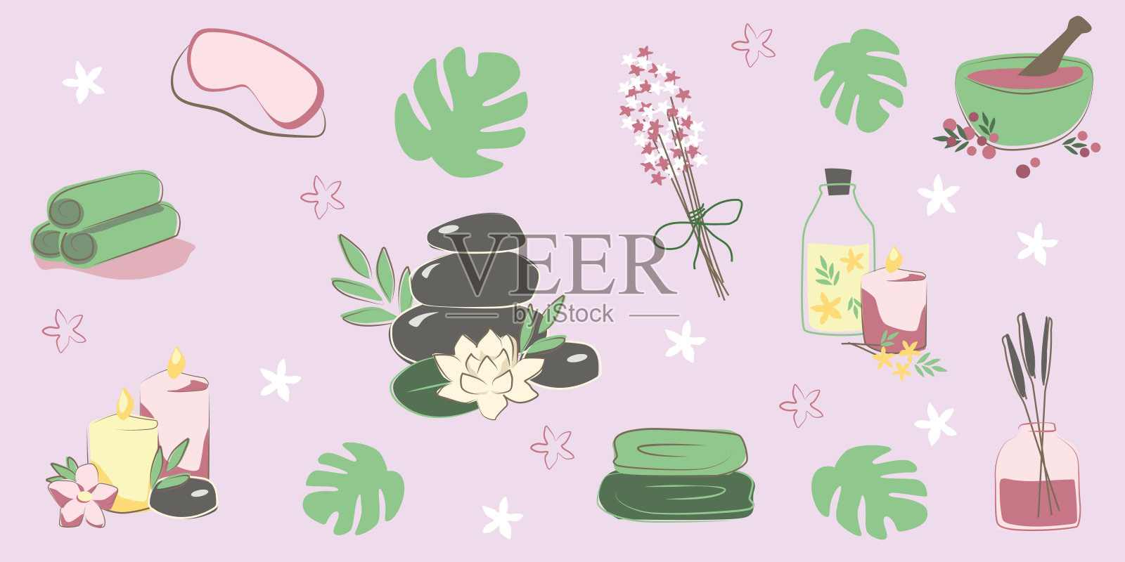 带有蜡烛、毛巾、热石、按摩油、扩香器和热带叶子的矢量水疗剪贴画套件，背景为柔和色调插画图片素材