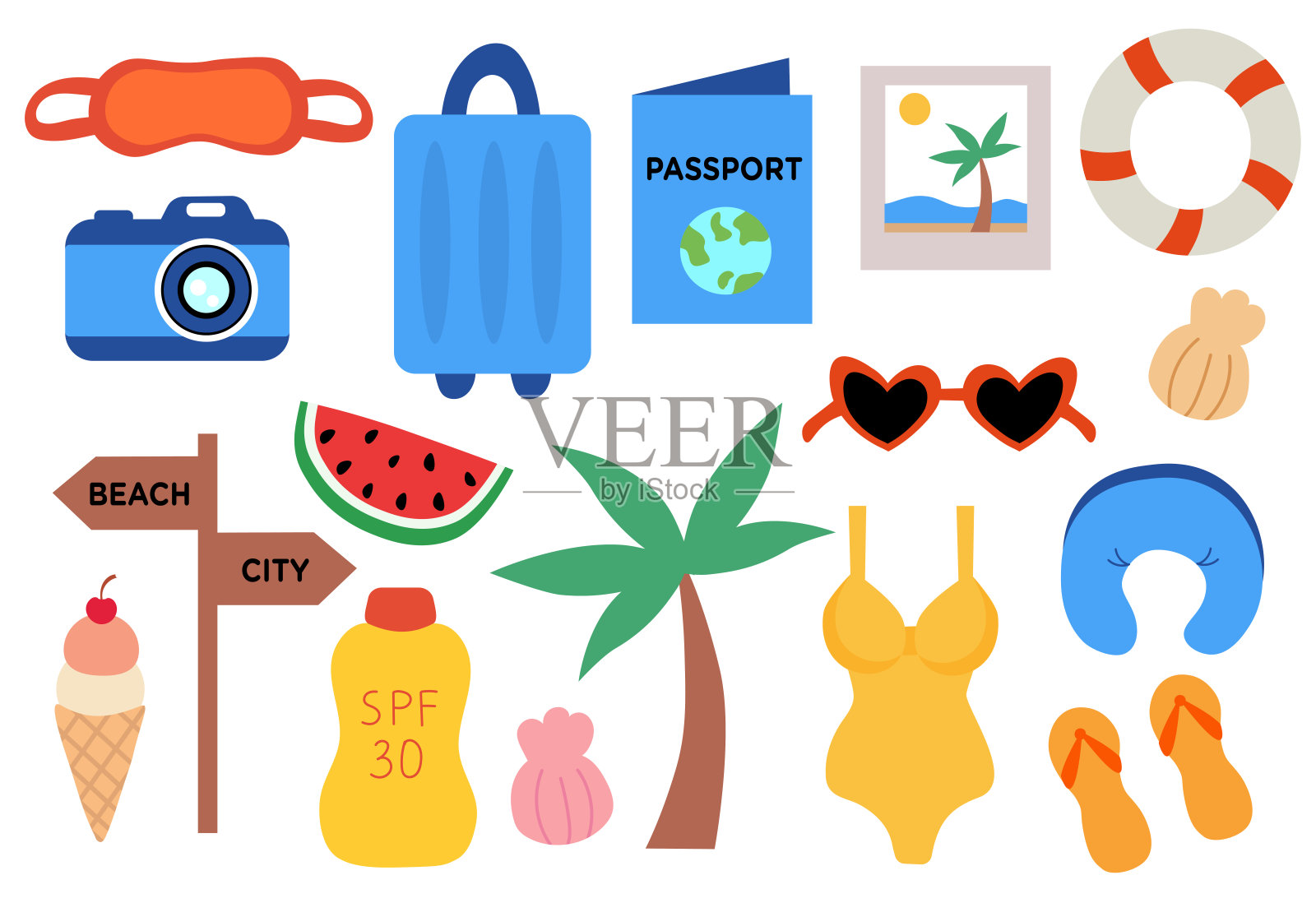 夏季元素套装。热带假期和旅行系列。矢量插图。插画图片素材