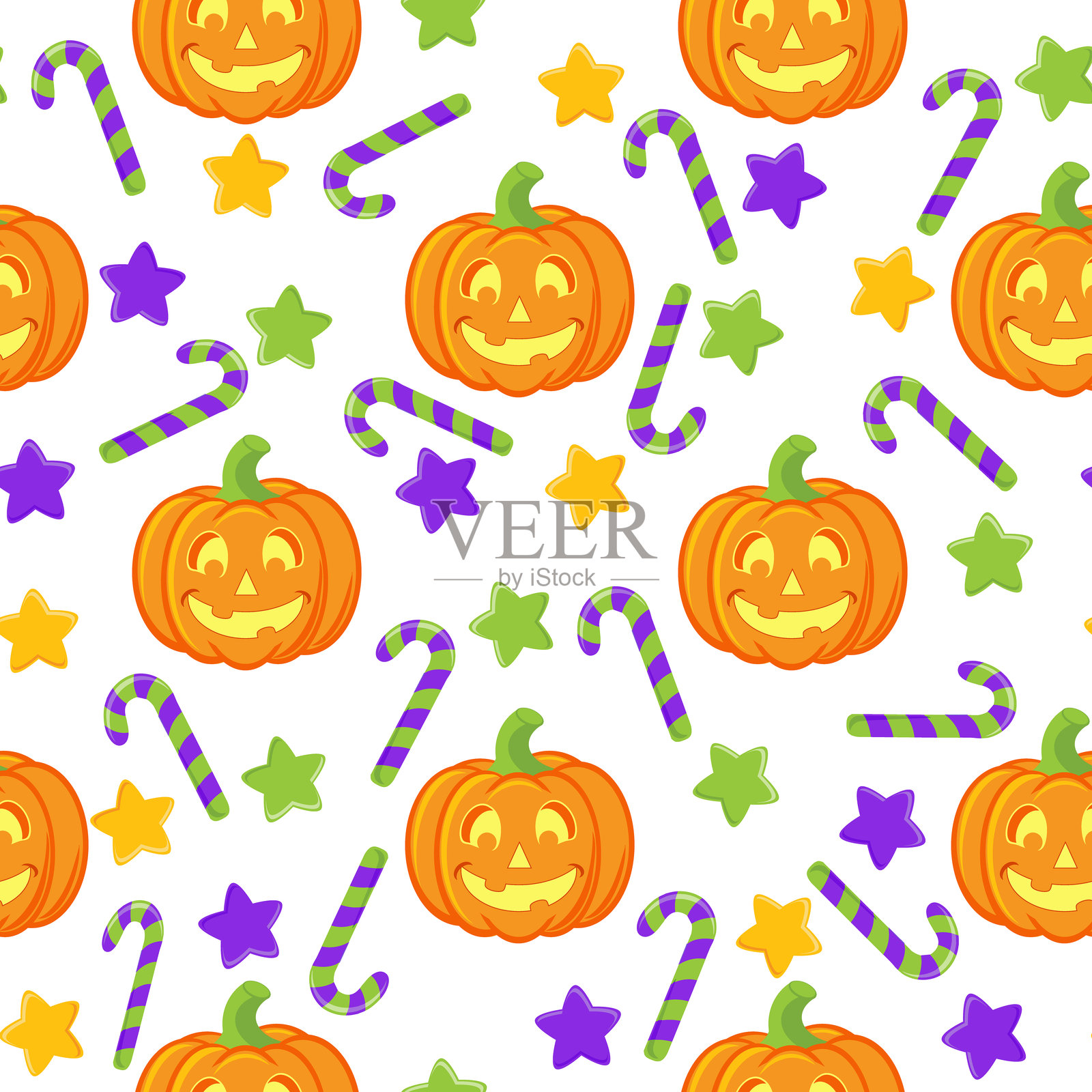 可爱的万圣节插图无缝图案。可爱搞笑的卡通角色：南瓜、鬼魂、猫、蝙蝠、气球、蜘蛛。插画图片素材