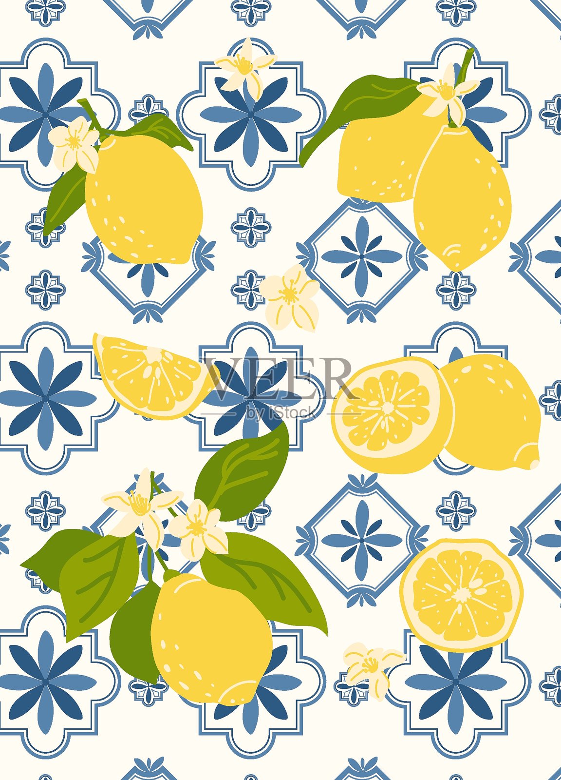 意大利几何瓷砖背景，搭配带花的柠檬枝。阿马尔菲海岸的夏季壁纸。传统的蓝色几何背景纹理。插画图片素材