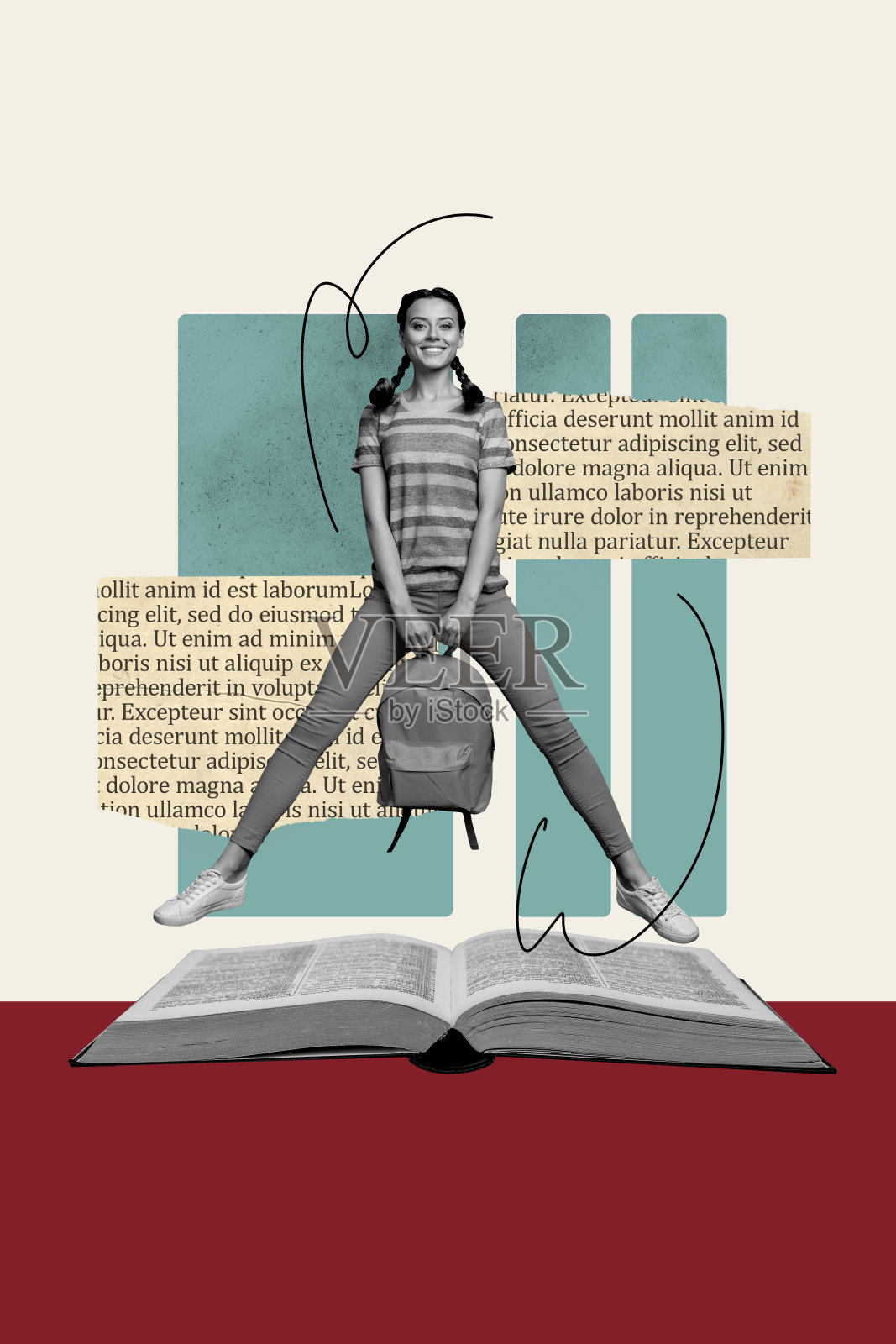 快乐的女孩大学生在准备作业，手持百科全书和背包，背景为涂鸦风格的垂直照片拼贴。照片摄影图片