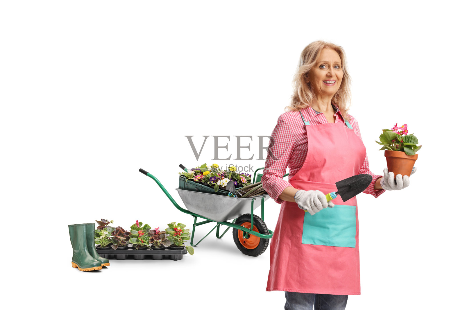 女园丁推着手推车，手里拿着花盆和铲子。照片摄影图片