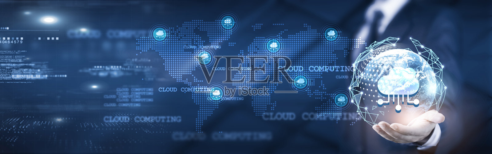 商人手握全球网络连接，利用云计算解决方案和数据分析，运用预测策略和可操作的洞察，创新基础设施，科技与全球化。照片摄影图片