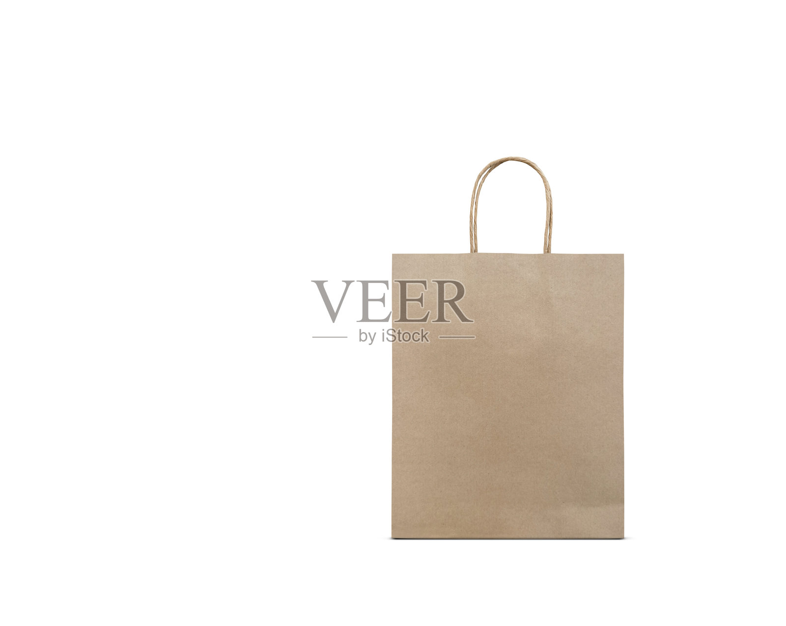 白色背景上的空棕色牛皮纸袋。环保购物袋，由回收纸制成。带有空白空间的模板。照片摄影图片