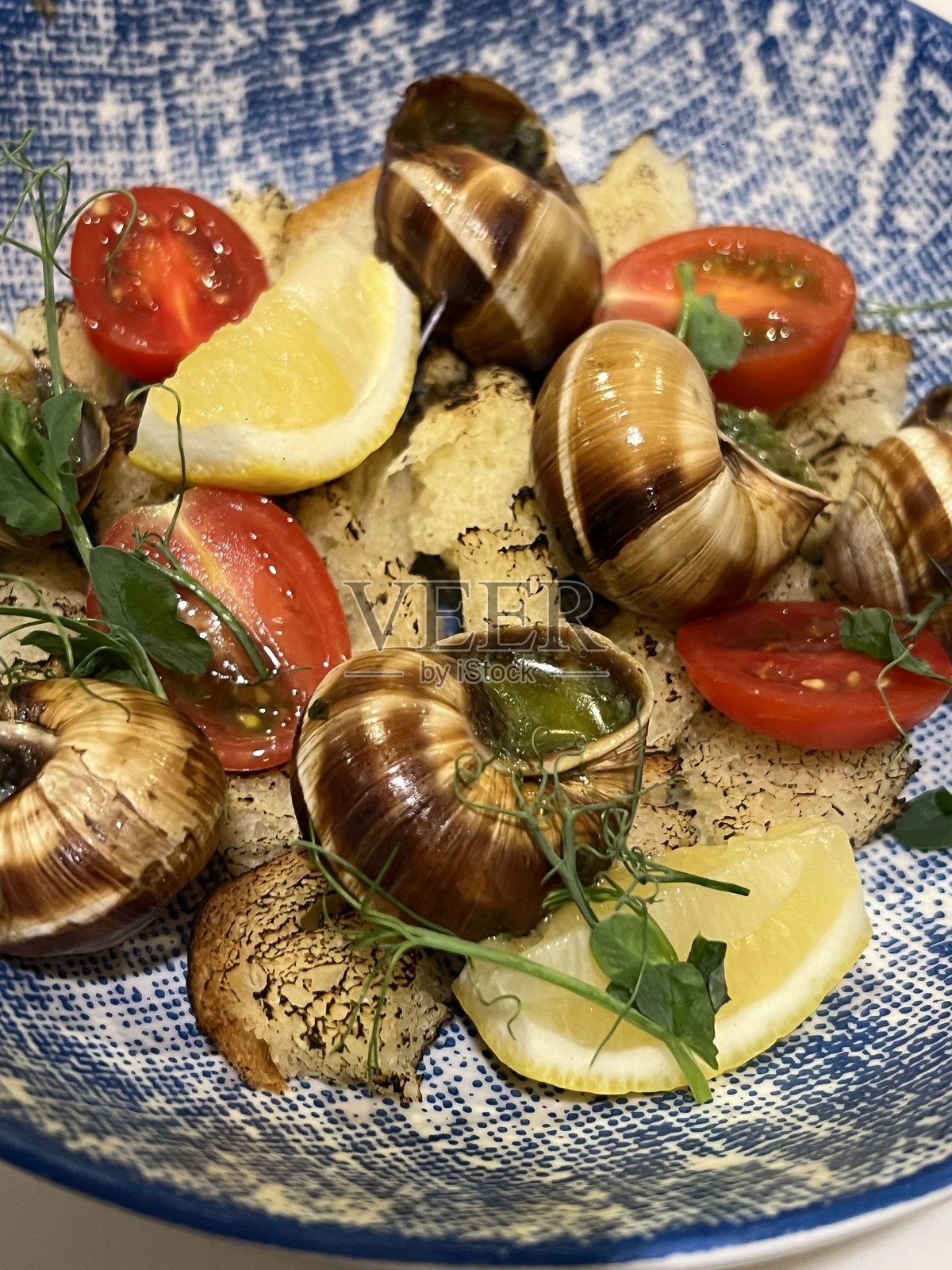 带壳烹饪的蜗牛与蔬菜照片摄影图片