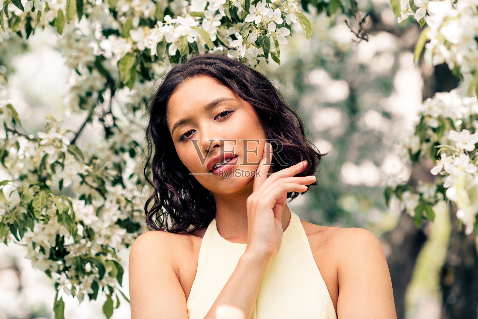 优雅的年轻女性被盛开的春花环绕，坐在阳光明媚的宁静公园中，散发着迷人的气息照片摄影图片