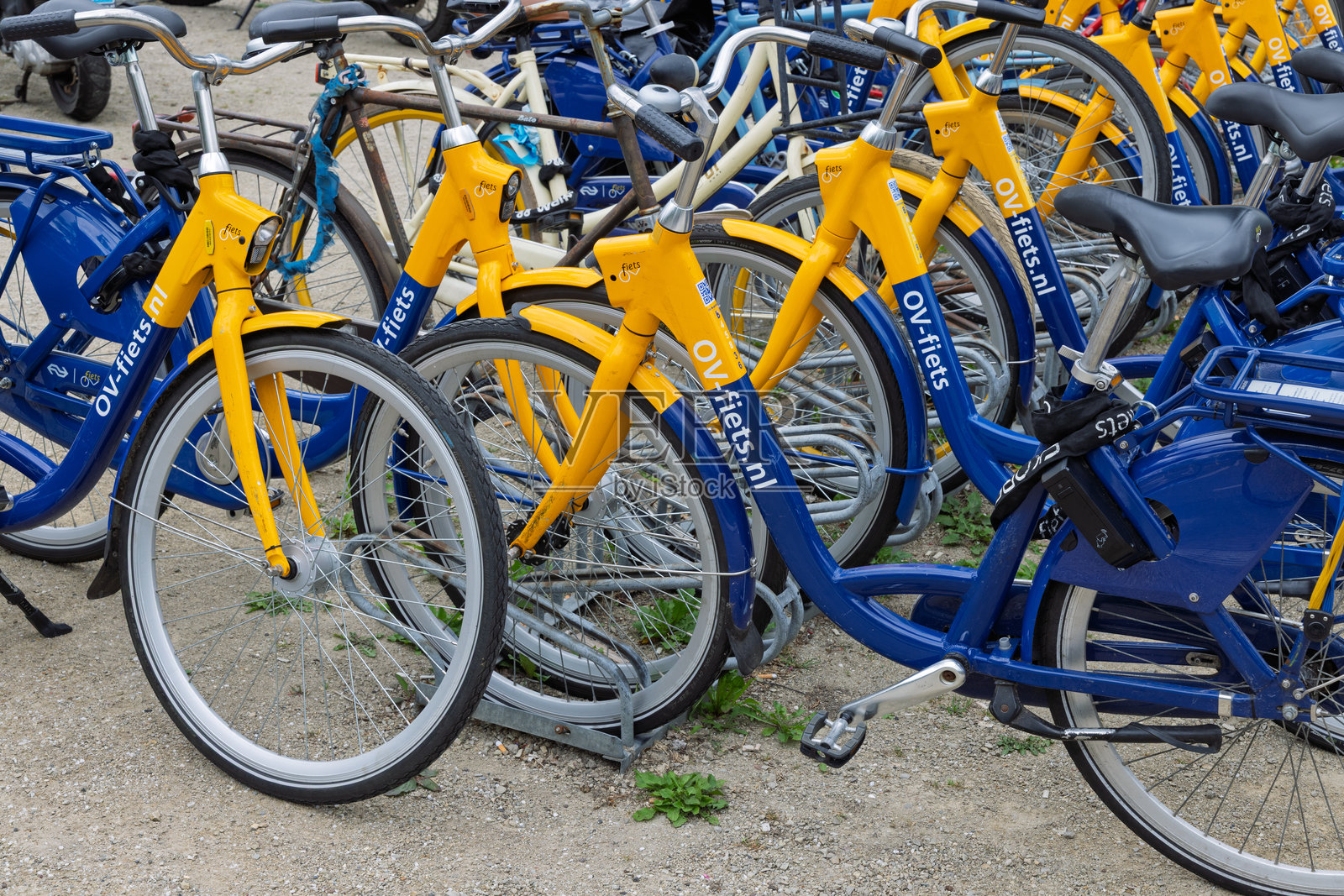 停放好的租赁自行车（OV-fiets），随时可供使用。乌特勒支照片摄影图片