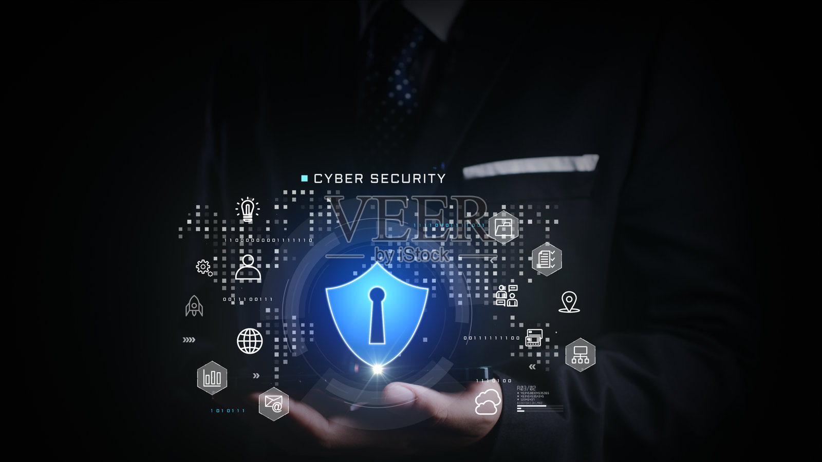 商人展示发光的网络安全盾牌，周围环绕着数字图标，代表安全网络、数据保护和数字隐私，置身于虚拟商业环境中。3D渲染。照片摄影图片