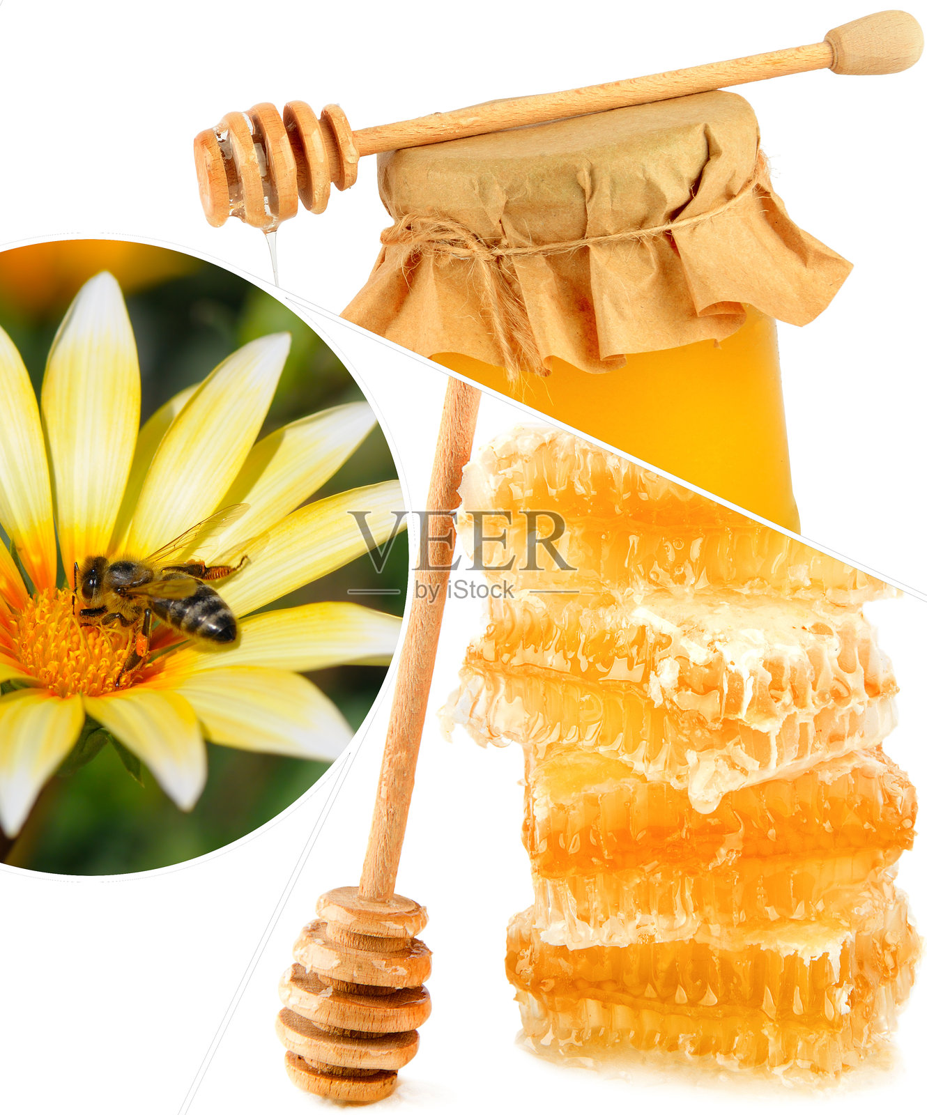 蜜蜂蜜罐和一只蜜蜂在洋甘菊花上，背景为白色，拼贴画。照片摄影图片