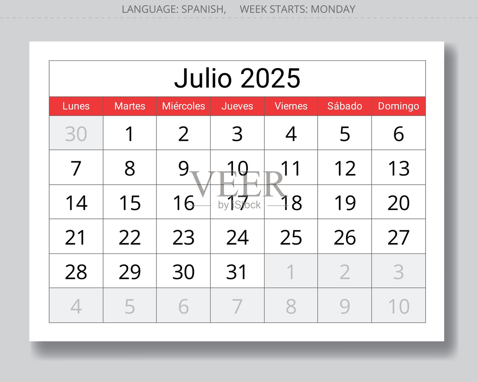 2025年西班牙七月月历 - julio。西班牙月份的矢量页面插图插画图片素材