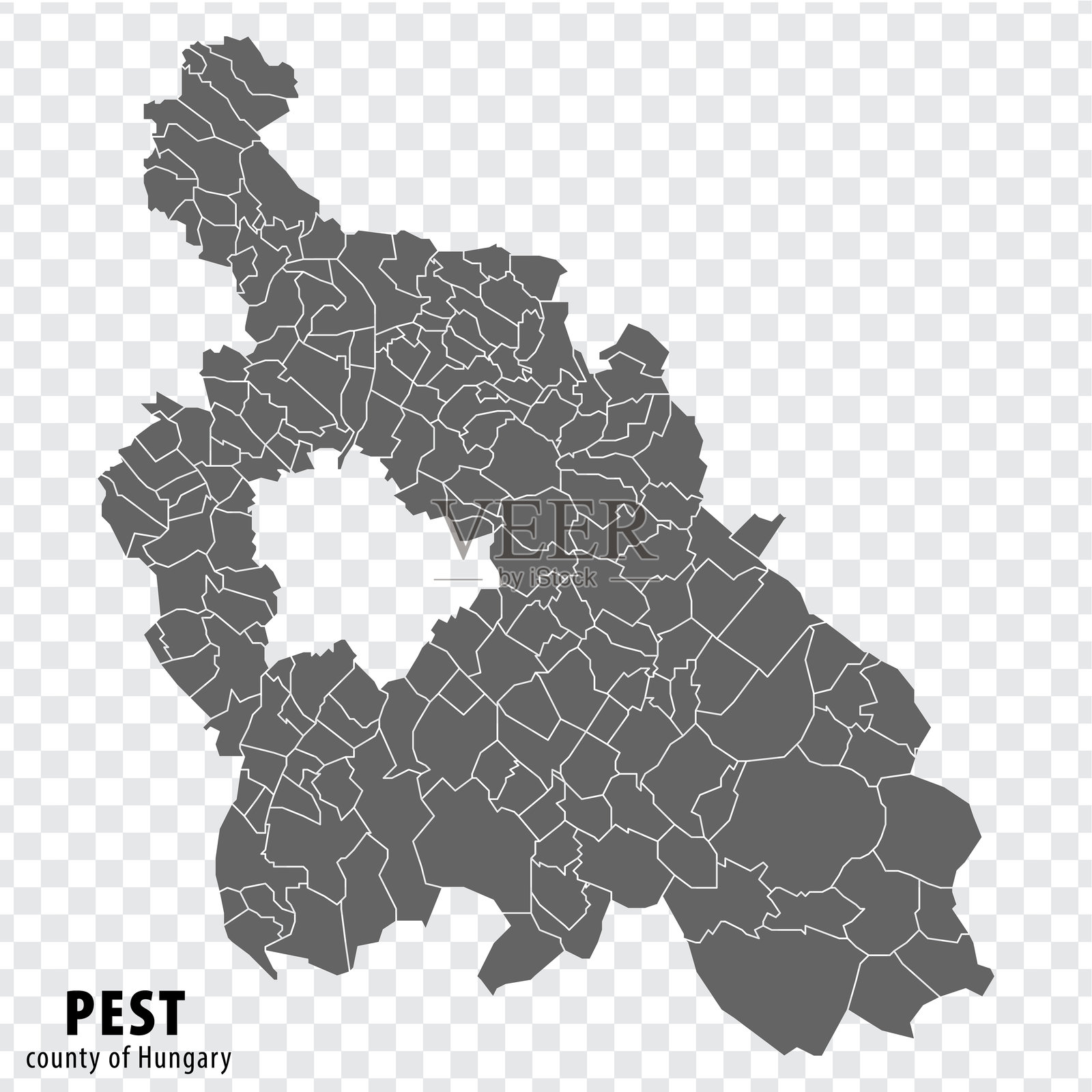 匈牙利佩斯县空白地图。高质量的佩斯县地图，带有市镇，透明背景，适用于您的网站设计、标志、应用程序和用户界面。匈牙利。EPS10。插画图片素材