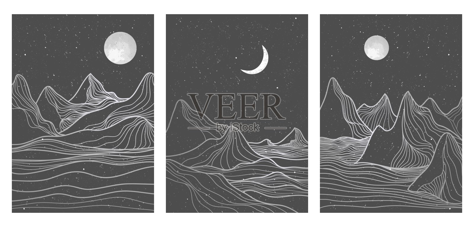 创意极简现代线条艺术印刷品组合。抽象山脉当代美学背景风景，包含山脉、月光、天际线和波浪。矢量插图。插画图片素材