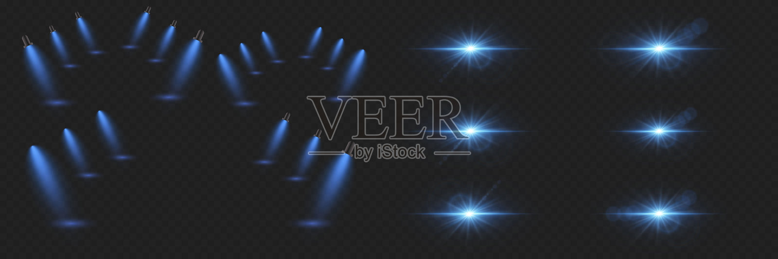 逼真的蓝色聚光灯光束和发光的眩光效果。插画图片素材