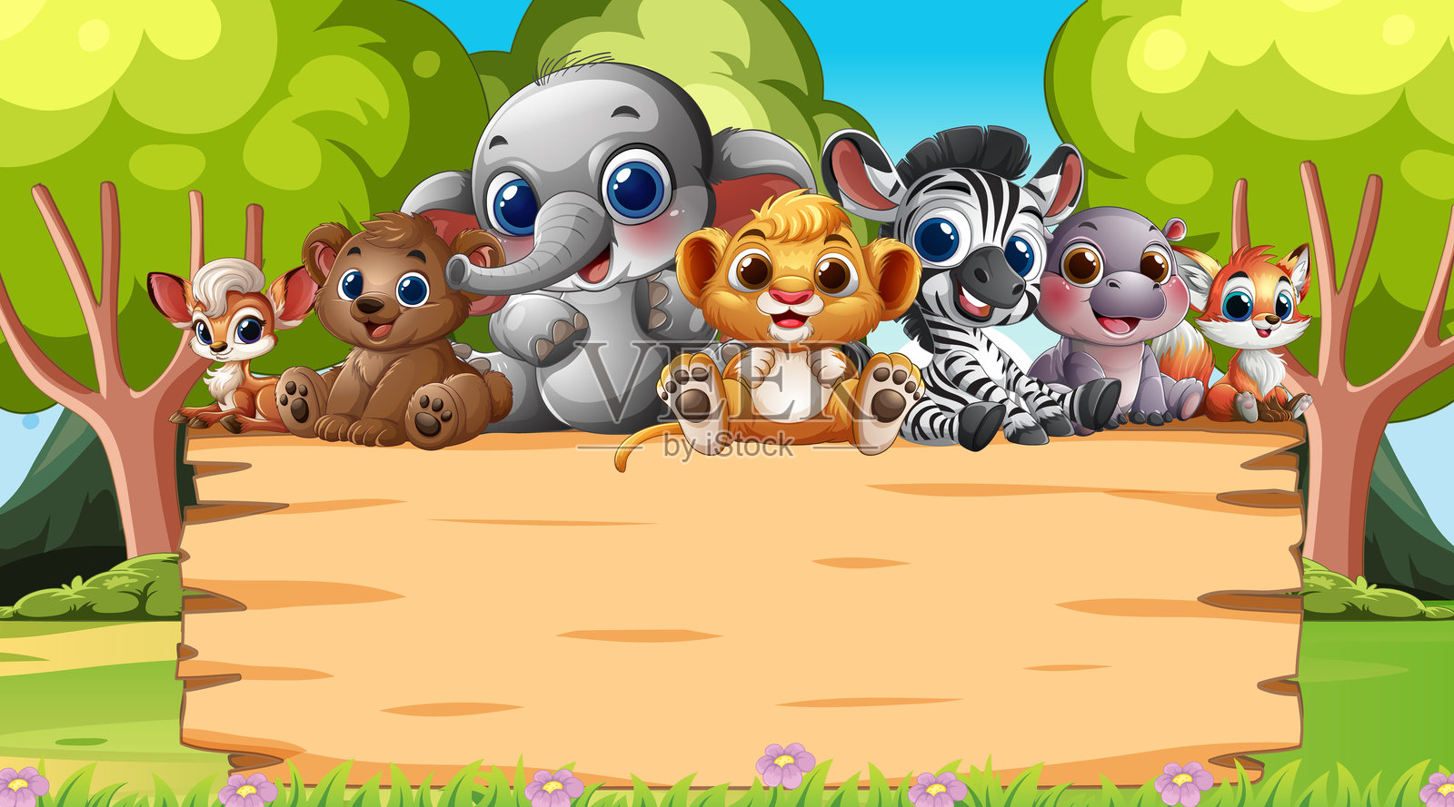 可爱的丛林动物和谐共处插画图片素材