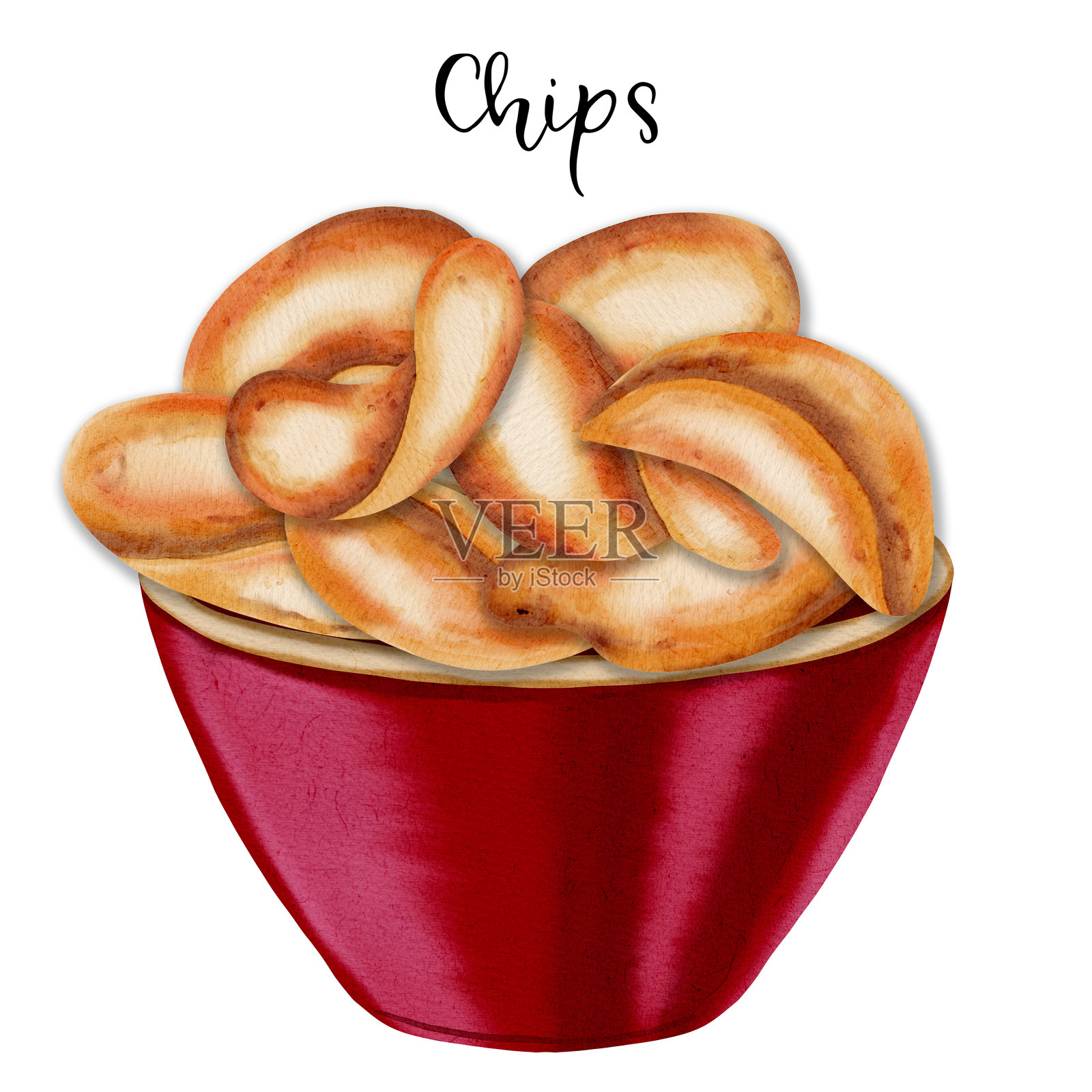 薯片。水彩食品画。红色包装的薯片。零食。快餐。适合菜单、广告、食谱、纺织品。插画图片素材