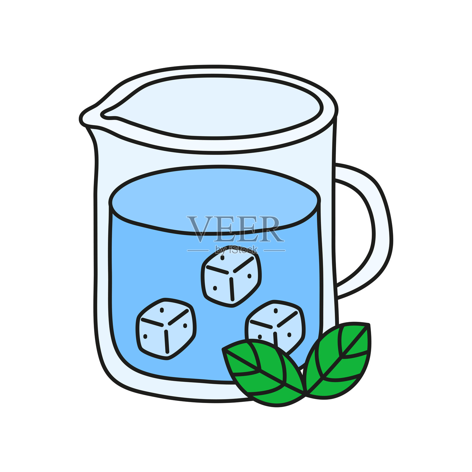 在水壶中涂鸦冷水，加入冰块和薄荷叶。插画图片素材