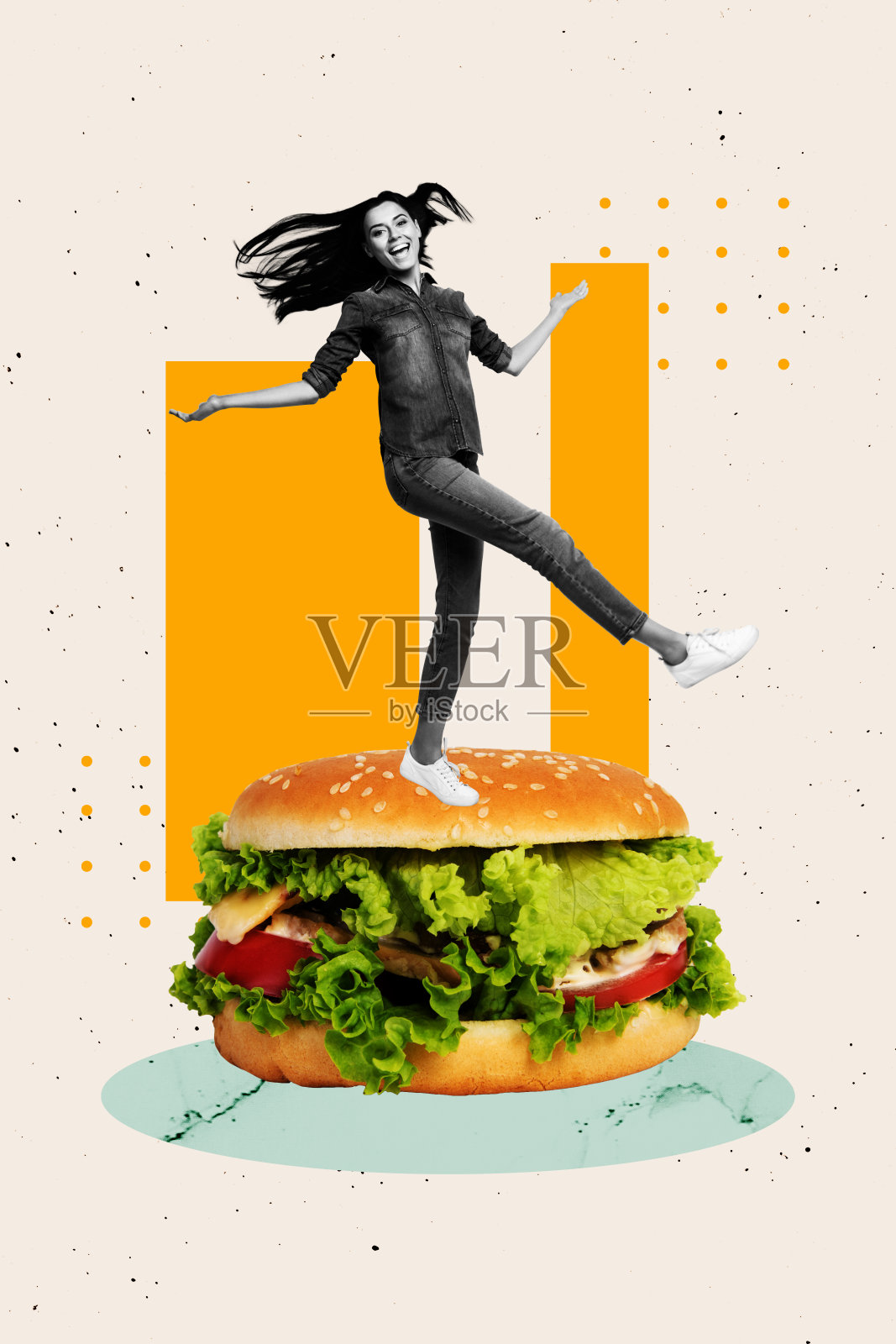 3D照片拼贴模板设计，展示一位年轻女士开心微笑，站在巨大的汉堡旁，体现美食、厨师、饮食和快餐的主题。照片摄影图片