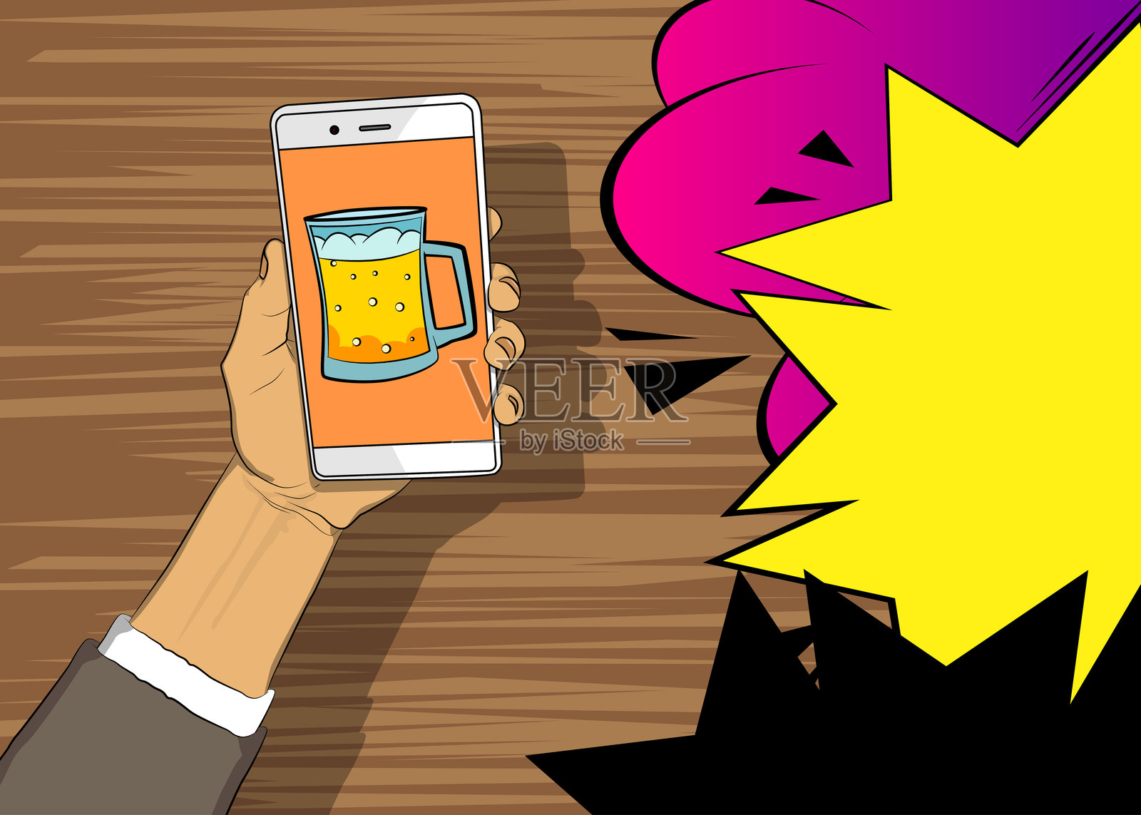 卡通智能手机，漫画书电话与啤酒杯。复古矢量漫画流行艺术设计。插画图片素材