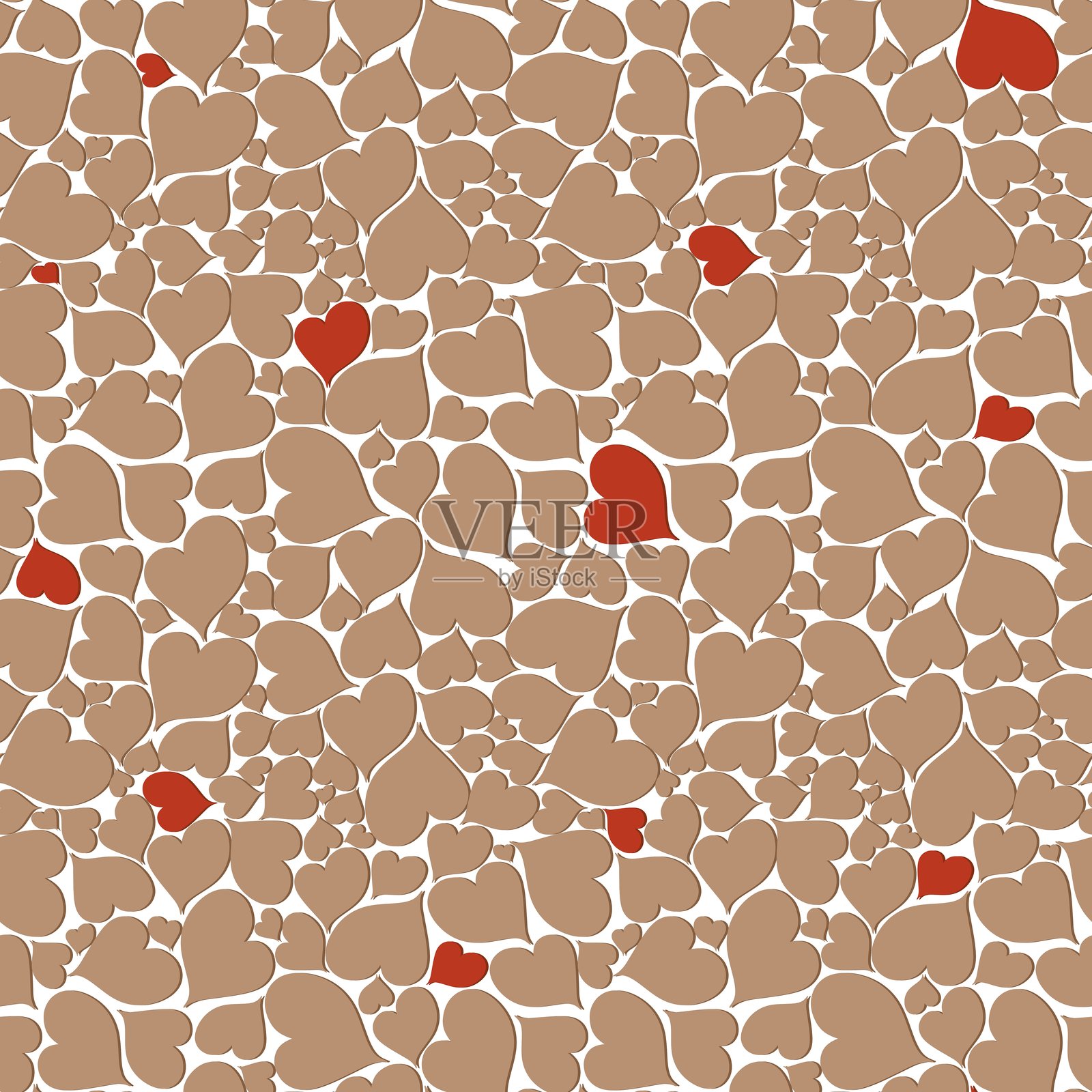 重叠心形图案，呈现棕色的不同色调，偶尔夹杂着红色心形。插画图片素材