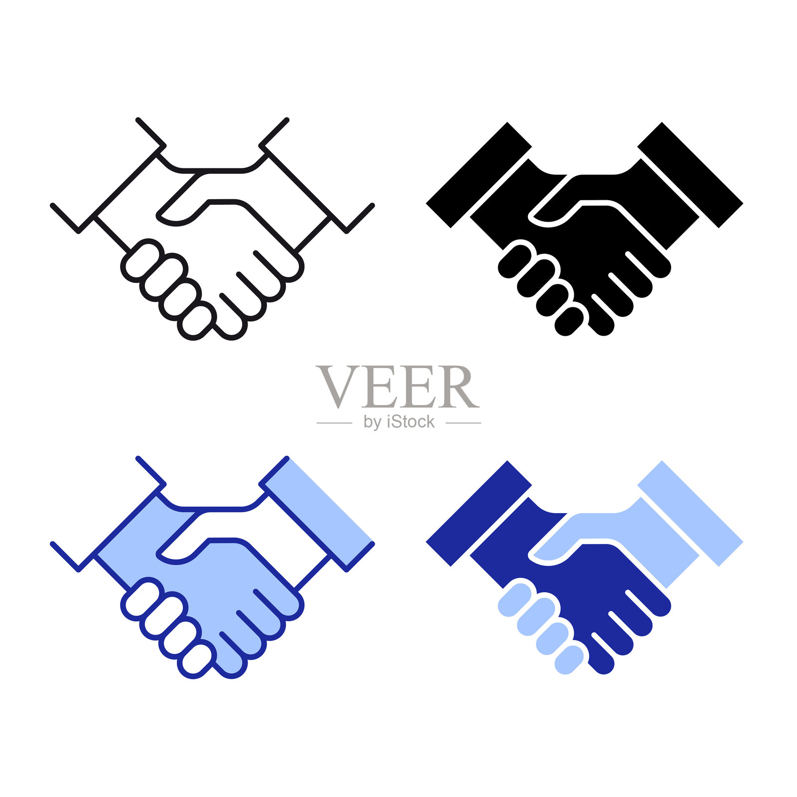 四种风格的握手图标设计，带可编辑的线条，包括轮廓风格、扁平风格和蓝色版本。插画图片素材