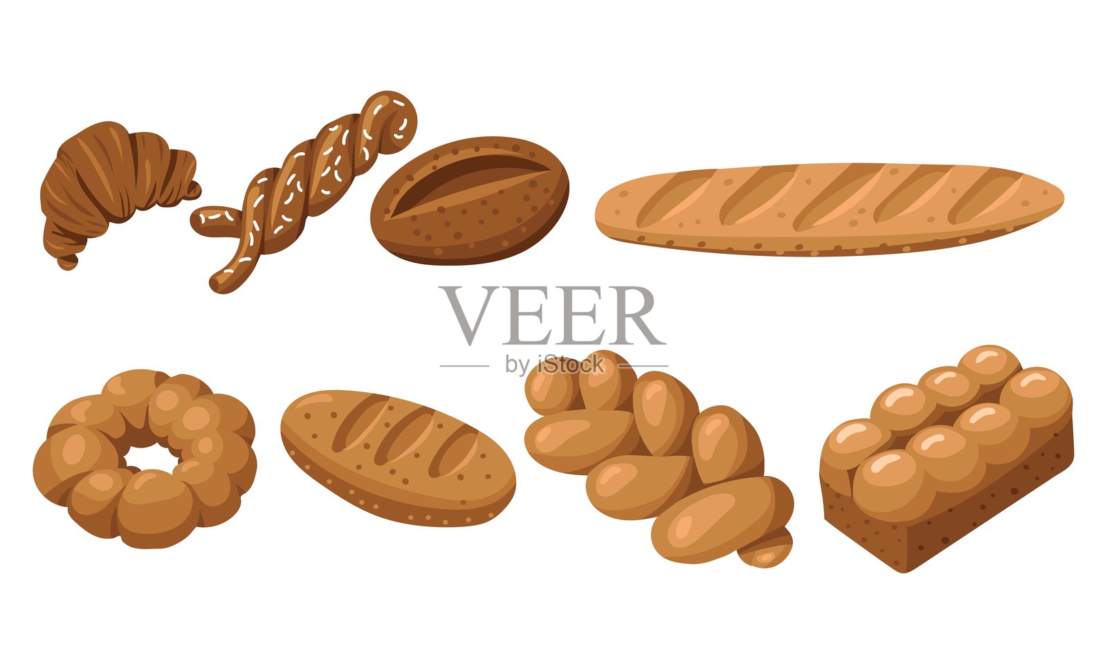 彩色烘焙产品组合，自然插图。自然色调。面包、篮子、百吉饼、法棍。各种美味糕点，适合咖啡馆和面包店的烘焙产品。插画图片素材