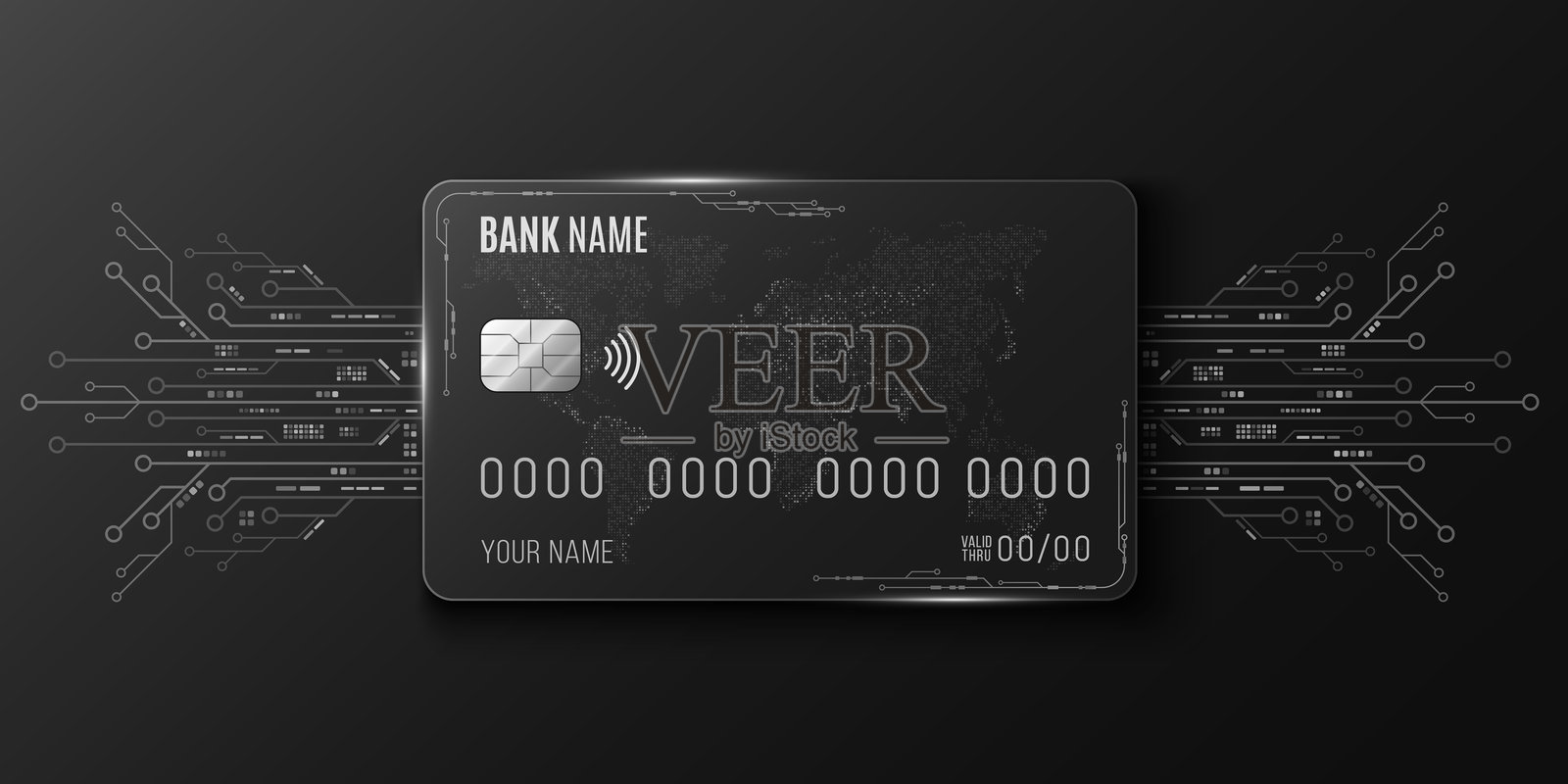 未来主义的发光电路板和全球地图的信用卡，黑色背景。数字银行和高科技金融概念，适用于金融科技演示。矢量图。插画图片素材