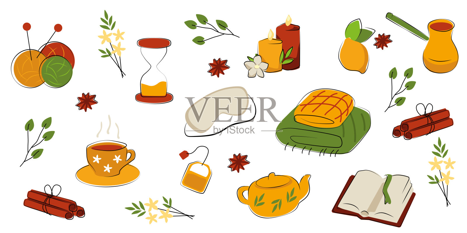 灵感来自慢生活和暂停文化的舒适矢量剪贴画合集——包括茶、蜡烛、书籍、草药、眼罩和宁静时刻插画图片素材