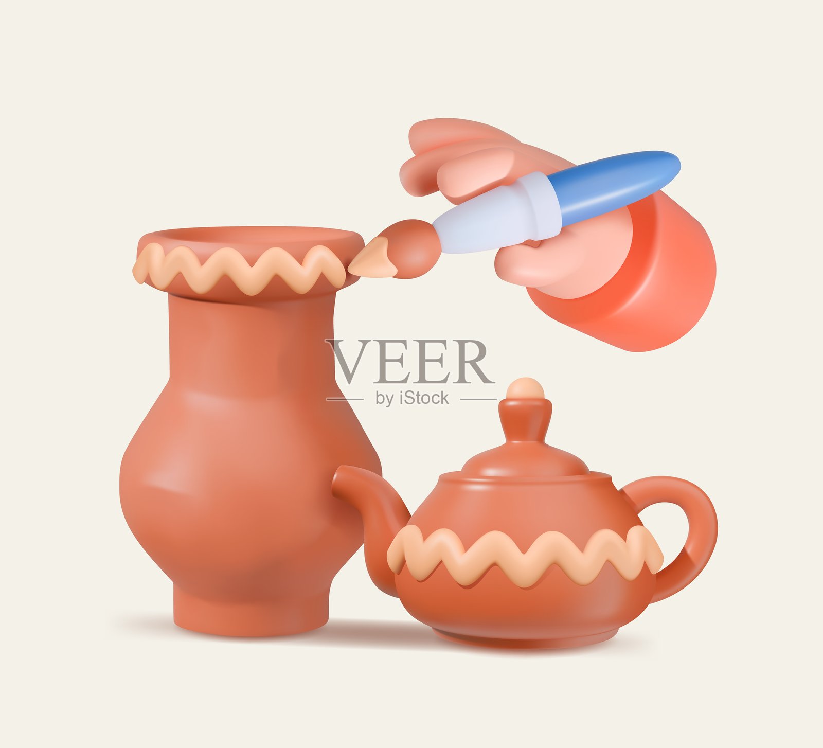 3D手绘陶罐和茶壶插图插画图片素材