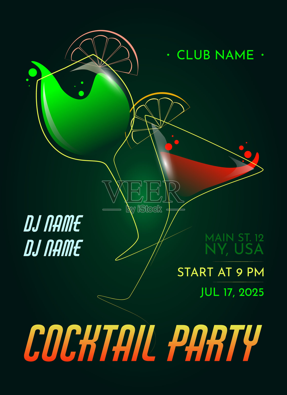 鸡尾酒派对宣传海报，包含活动详情插画图片素材