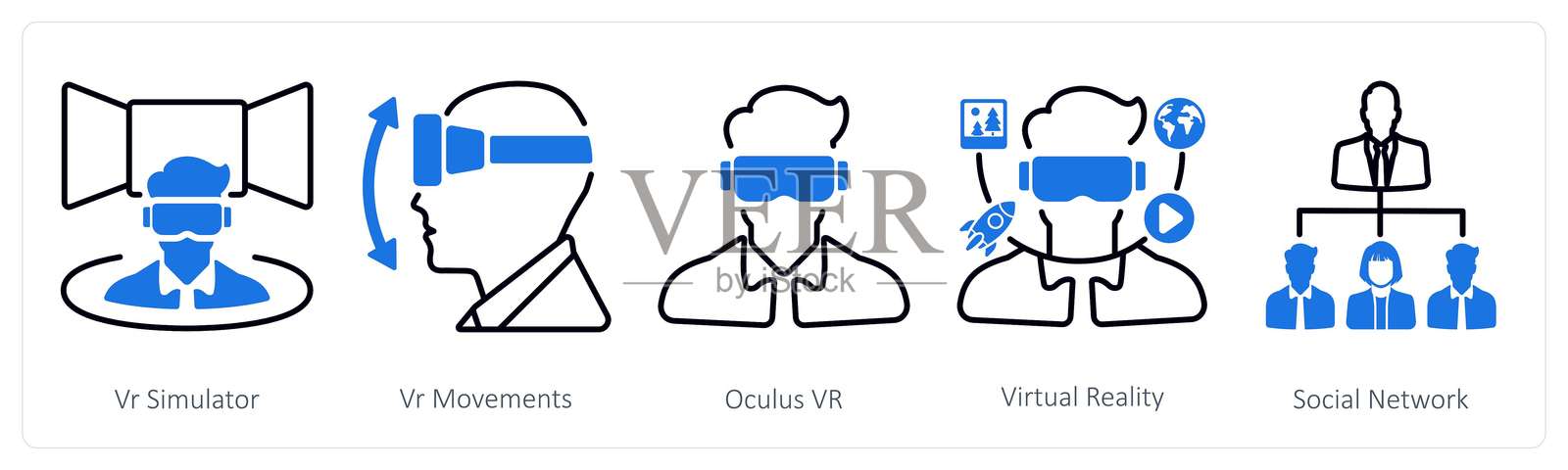 一组包含5个混合图标，主题为虚拟现实模拟器、虚拟现实动作、Oculus虚拟现实插画图片素材