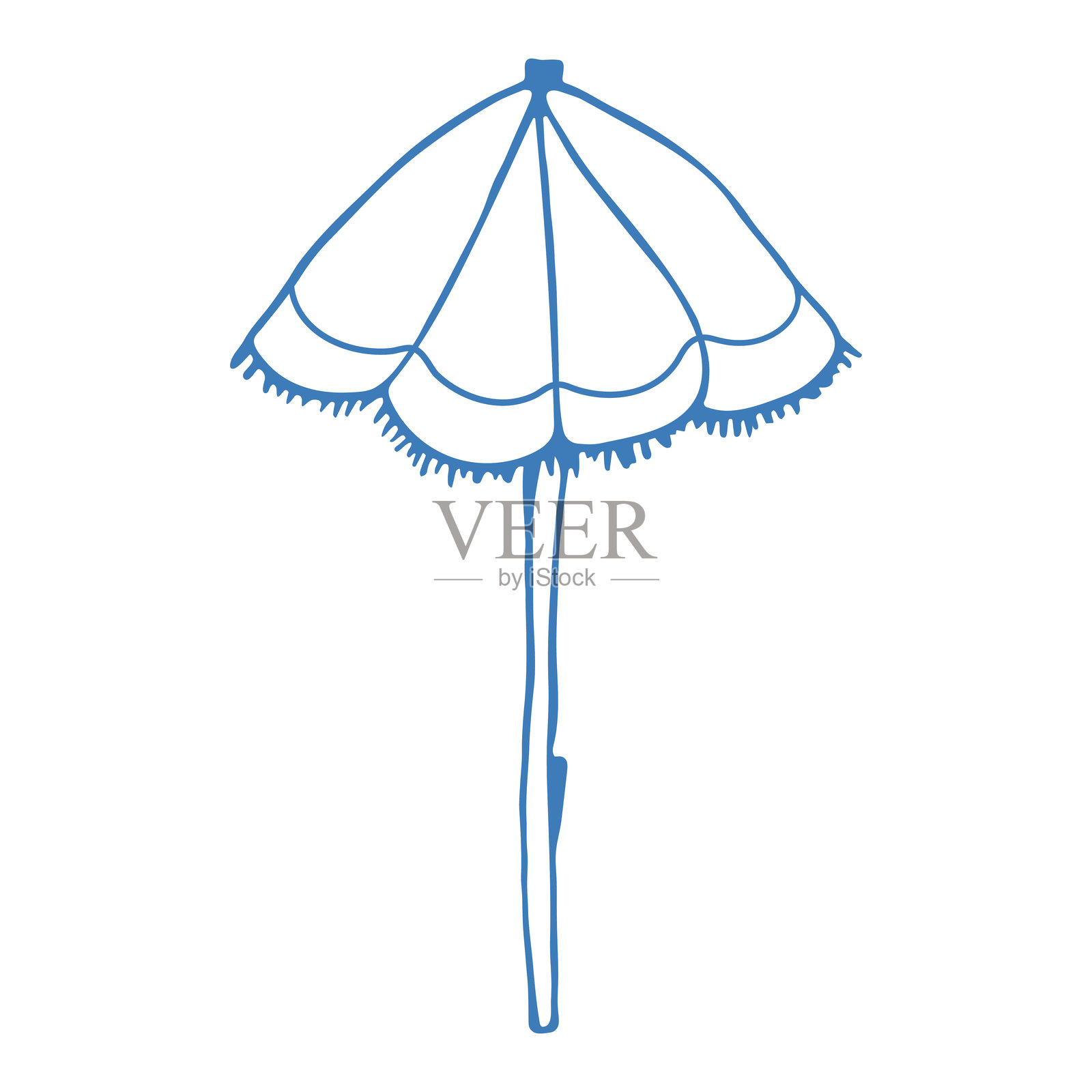 手绘蓝色沙滩伞，涂鸦风格。地中海夏季图标，意大利印刷和邀请的元素。阿马尔菲墨水素描设计。平面热带极简风格的独立矢量插图。插画图片素材