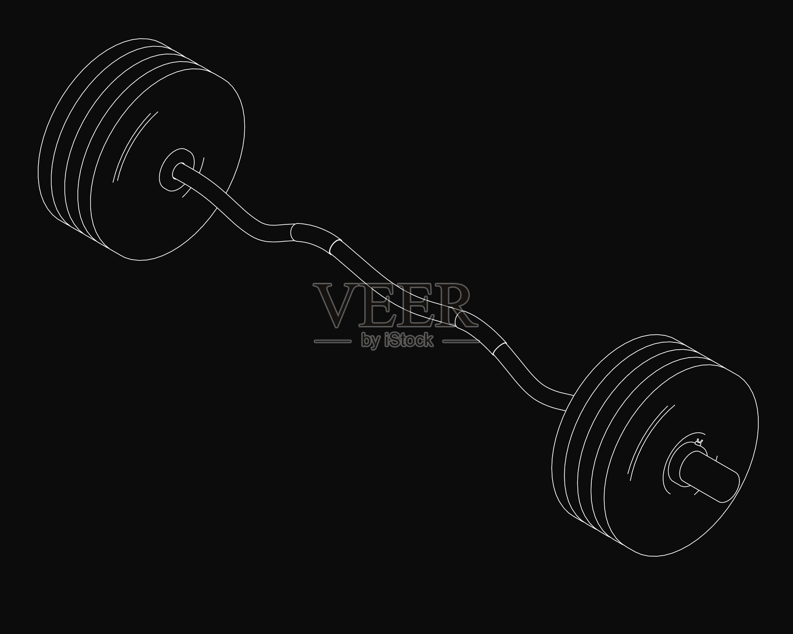 黑白杠铃图画，配有流线型的弯曲手柄和直杆，背景为鲜明的黑色。极简设计突显了现代健身器材的强烈对比。插画图片素材