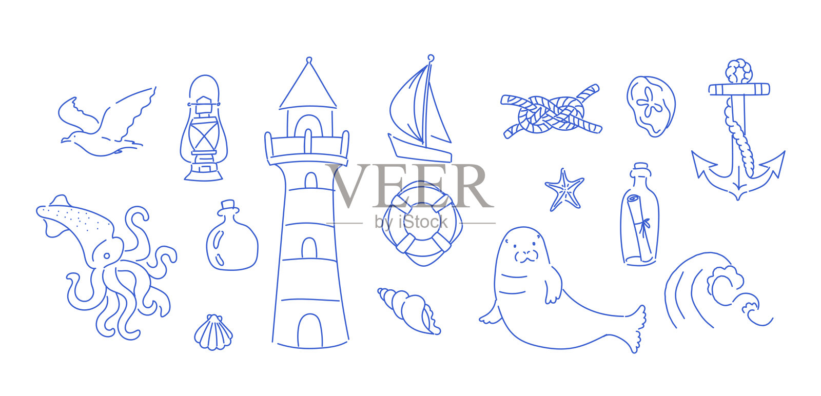 一套手绘的海洋图标，采用蓝色线条艺术风格。包括灯塔、锚、救生圈、帆船、章鱼、海鸥、波浪、瓶子、结和海洋生物。适用于贴纸、印刷品、明信片、横幅和贺卡的涂鸦设计。插画图片素材