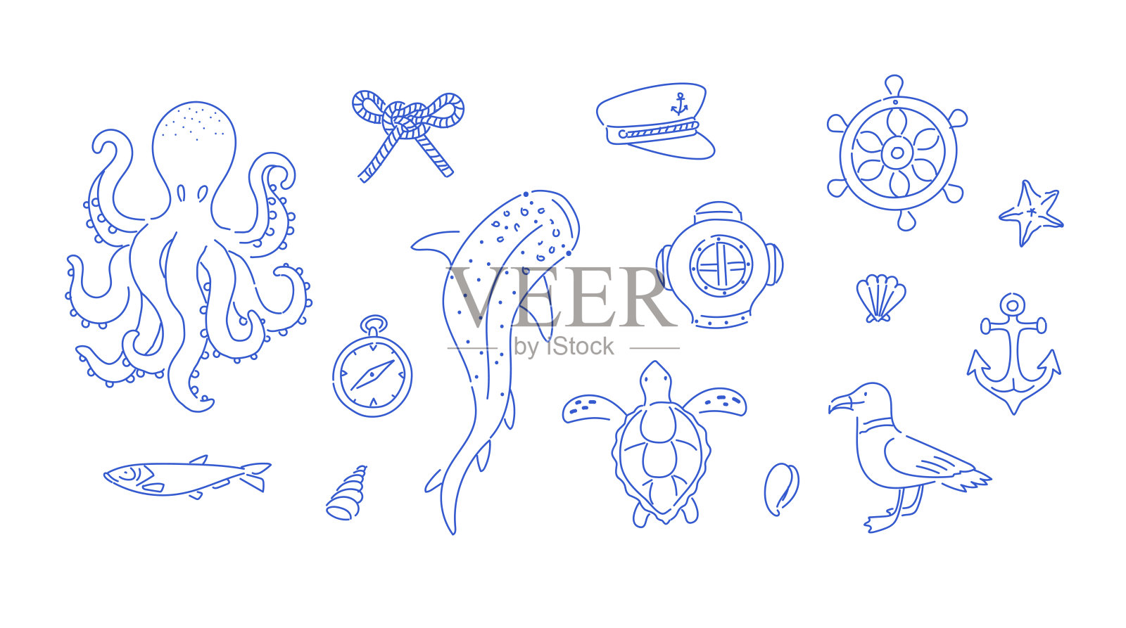 海洋复古线条艺术涂鸦风格，极简主义海岸插图插画图片素材