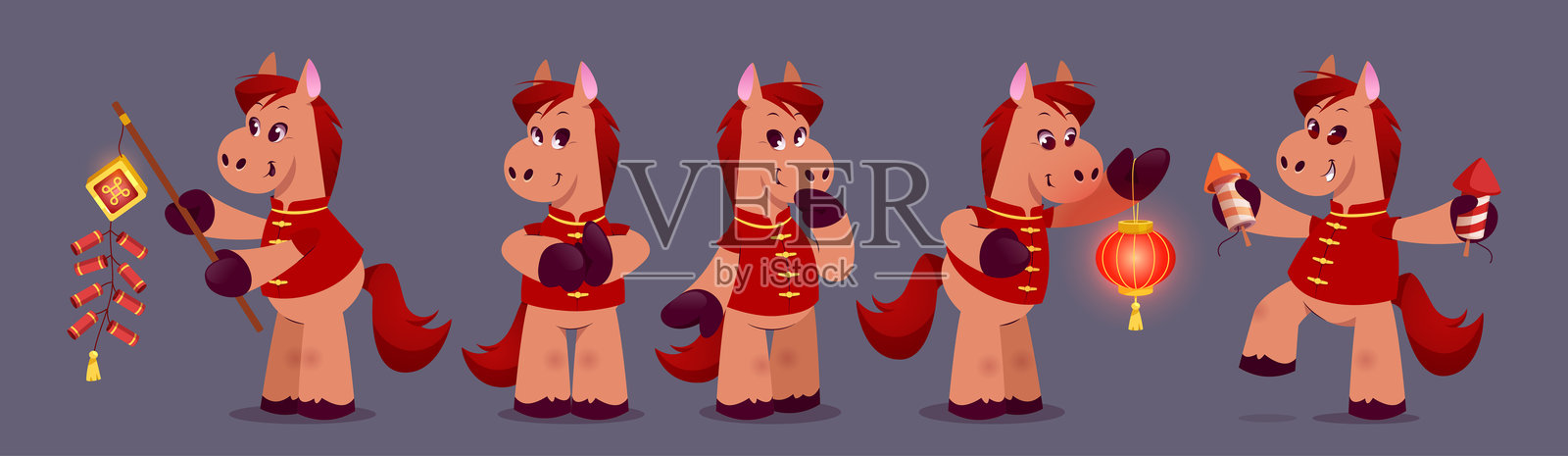 中国新年的卡通红马角色插画图片素材