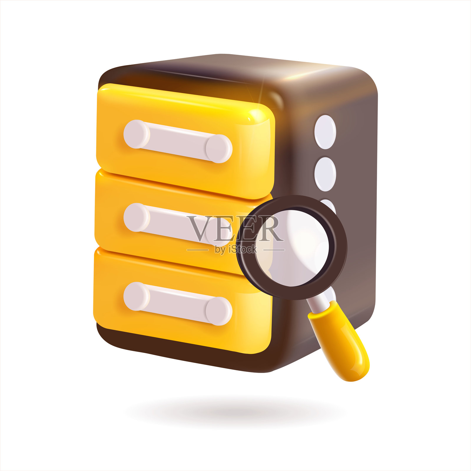 代表数据存储的图标，具有数字媒体内容管理的搜索功能，采用3D现实主义风格、卡通设计、3D塑料材质和光泽高光效果。插画图片素材