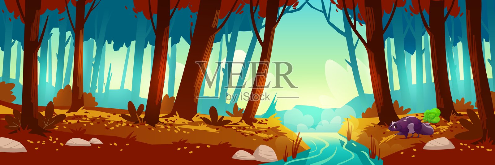 秋季森林风景，河流与臭鼬插画图片素材