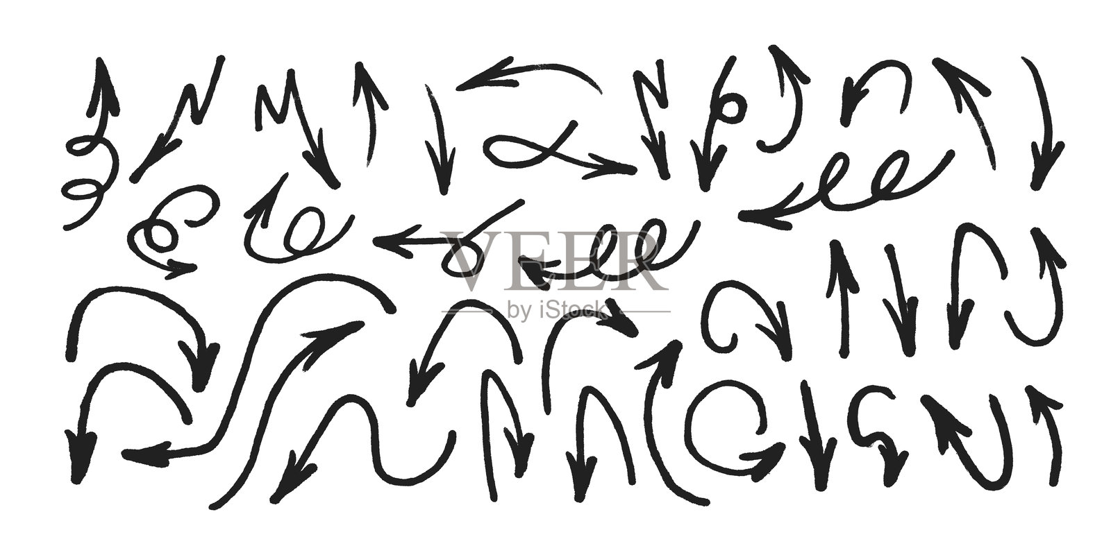 手绘马克笔箭头符号集。涂鸦笔刷线条涂鸦箭头指示器矢量插图插画图片素材