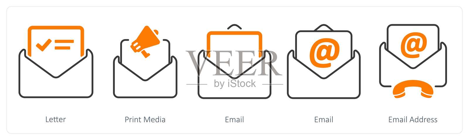 一组包含字母、印刷媒体和电子邮件的5个混合图标插画图片素材